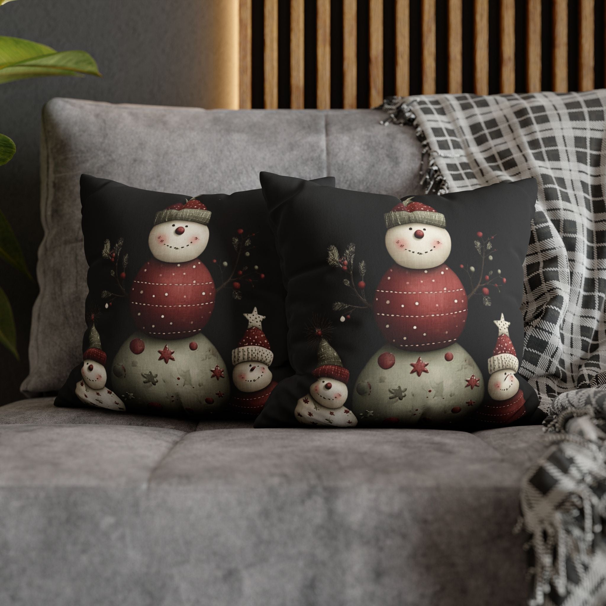 Christmas Snowman Faux Suede Pillowcase – Cute Stacked Snowmen Holiday Decor CHRISTMAS PILLOW DÉCOR