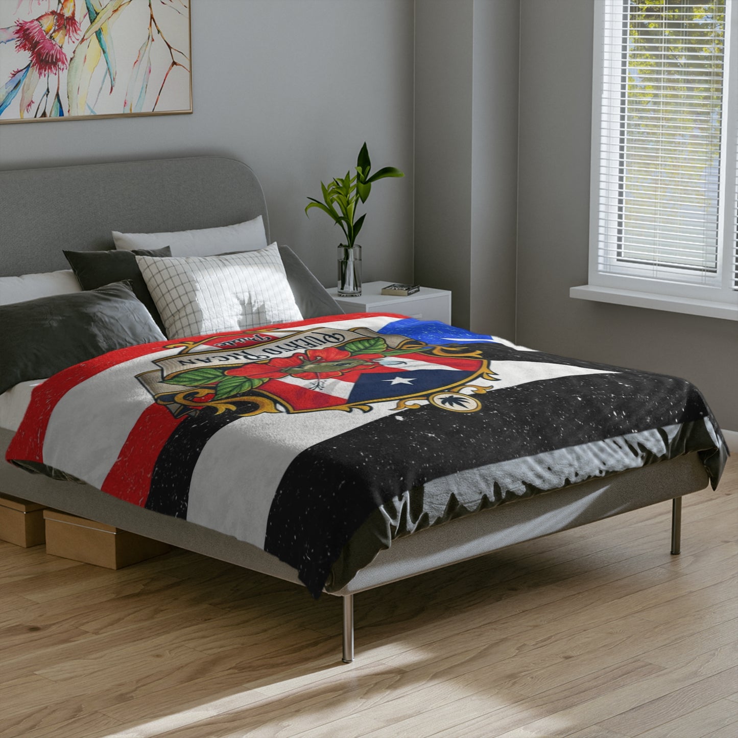 Puerto Rican Flag Velveteen Microfiber Blanket – Vintage Coat of Arms Throw