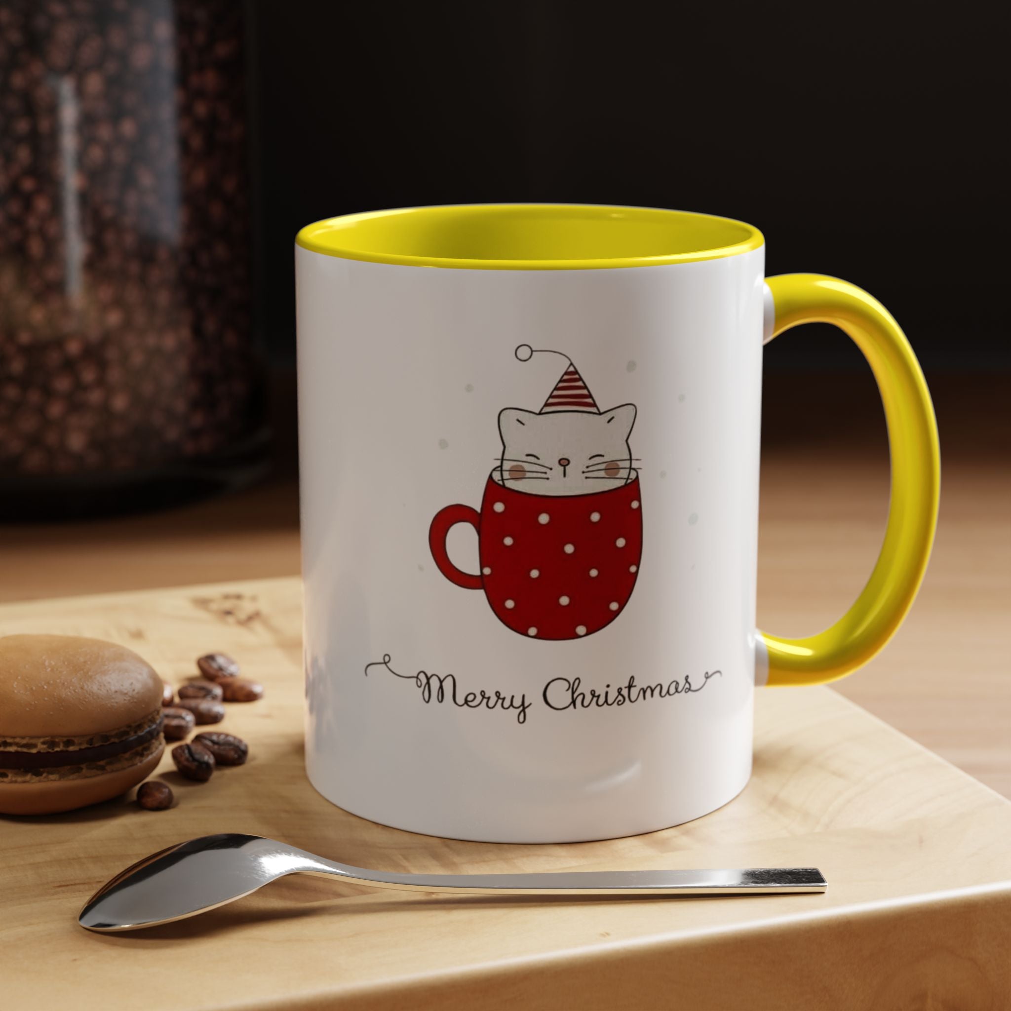 Christmas Cat Accent Mug "Merry Christmas" Polka Dot Holiday Coffee Cup Christmas Mugs Collection!