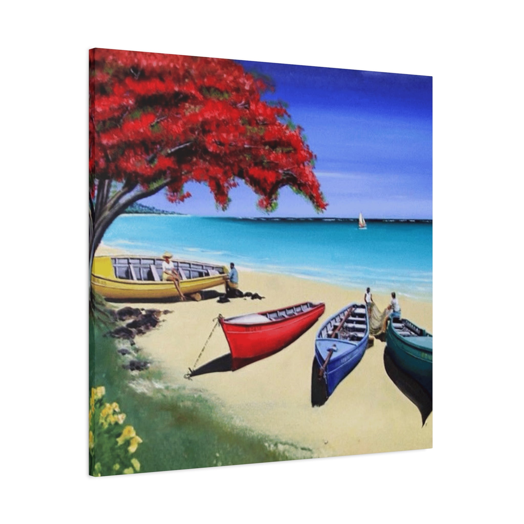 Beach Canoes Canvas Wall Art Tropical Seaside Landscape Matte Stretched Canvas