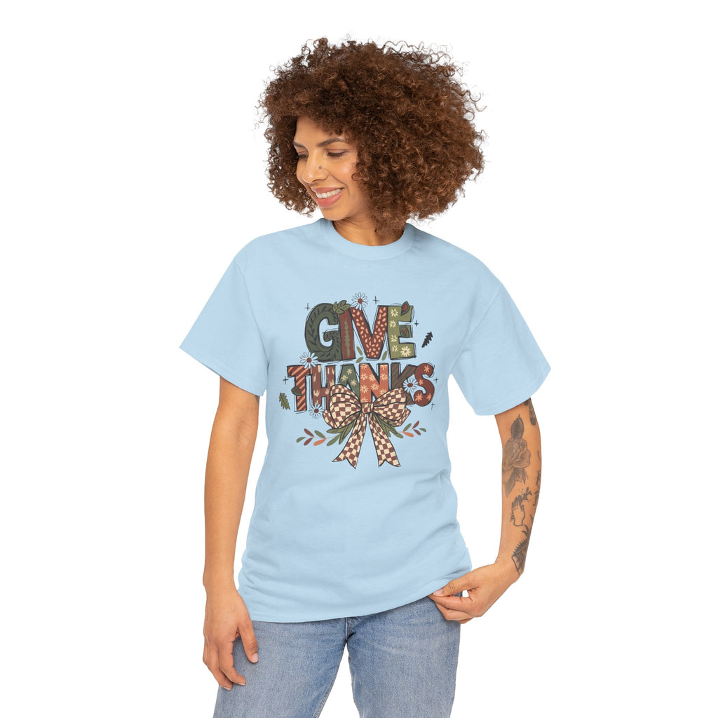 Give Thanks Tee Thanksgiving Graphic T-Shirt with Rustic Bow Design