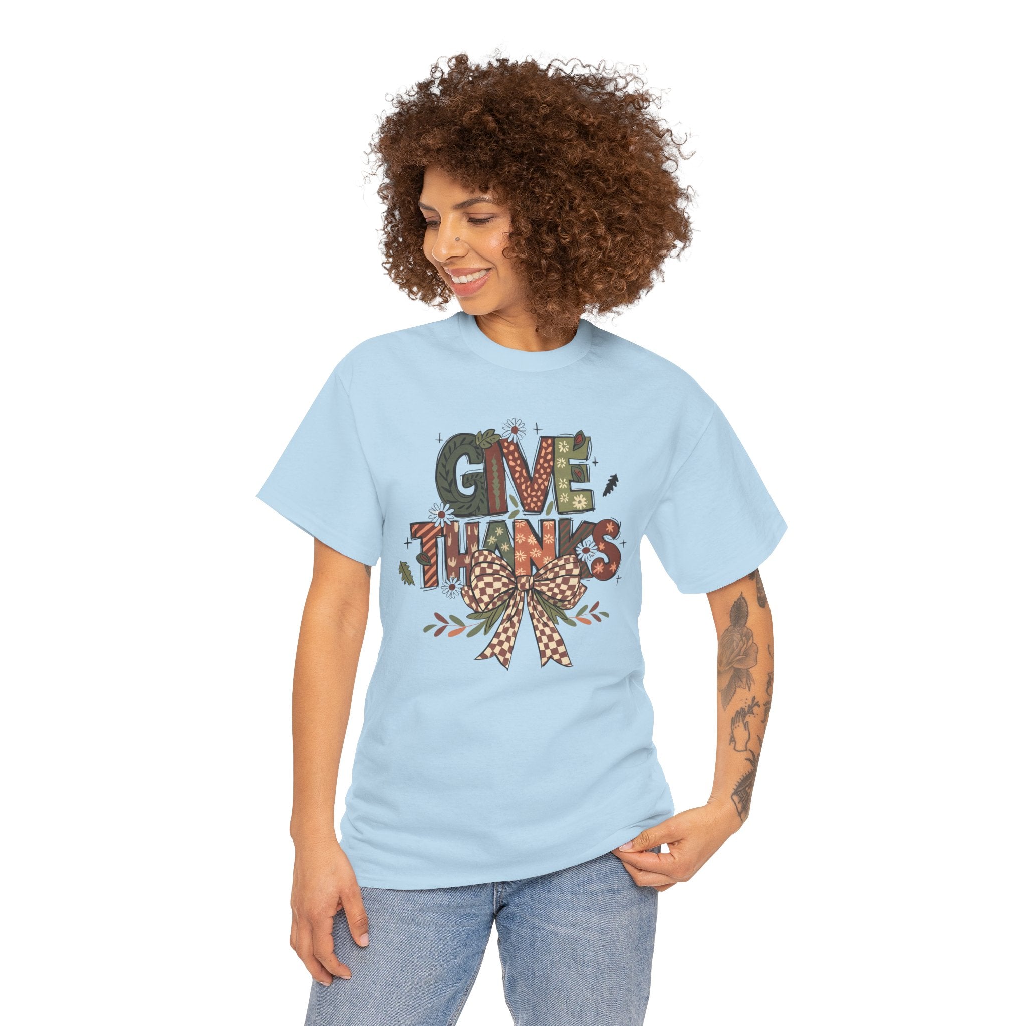 Give Thanks Tee Thanksgiving Graphic T-Shirt with Rustic Bow Design