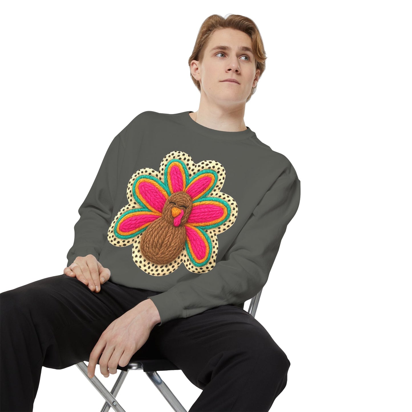 Festive Holiday Designs Turkey Patch Sweatshirt — Colorful Embroidered Thanksgiving Pullover