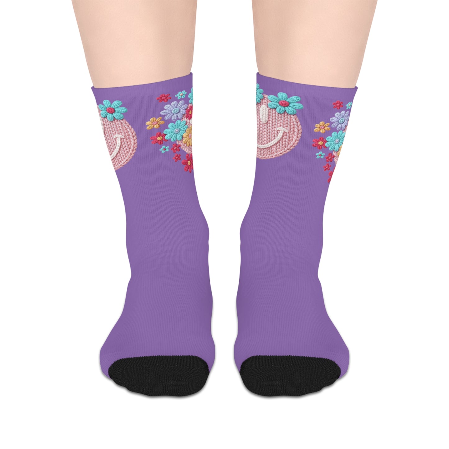 Purple Floral Smiley Mid-Length Socks — Cute Crochet Smile & Colorful Flowers