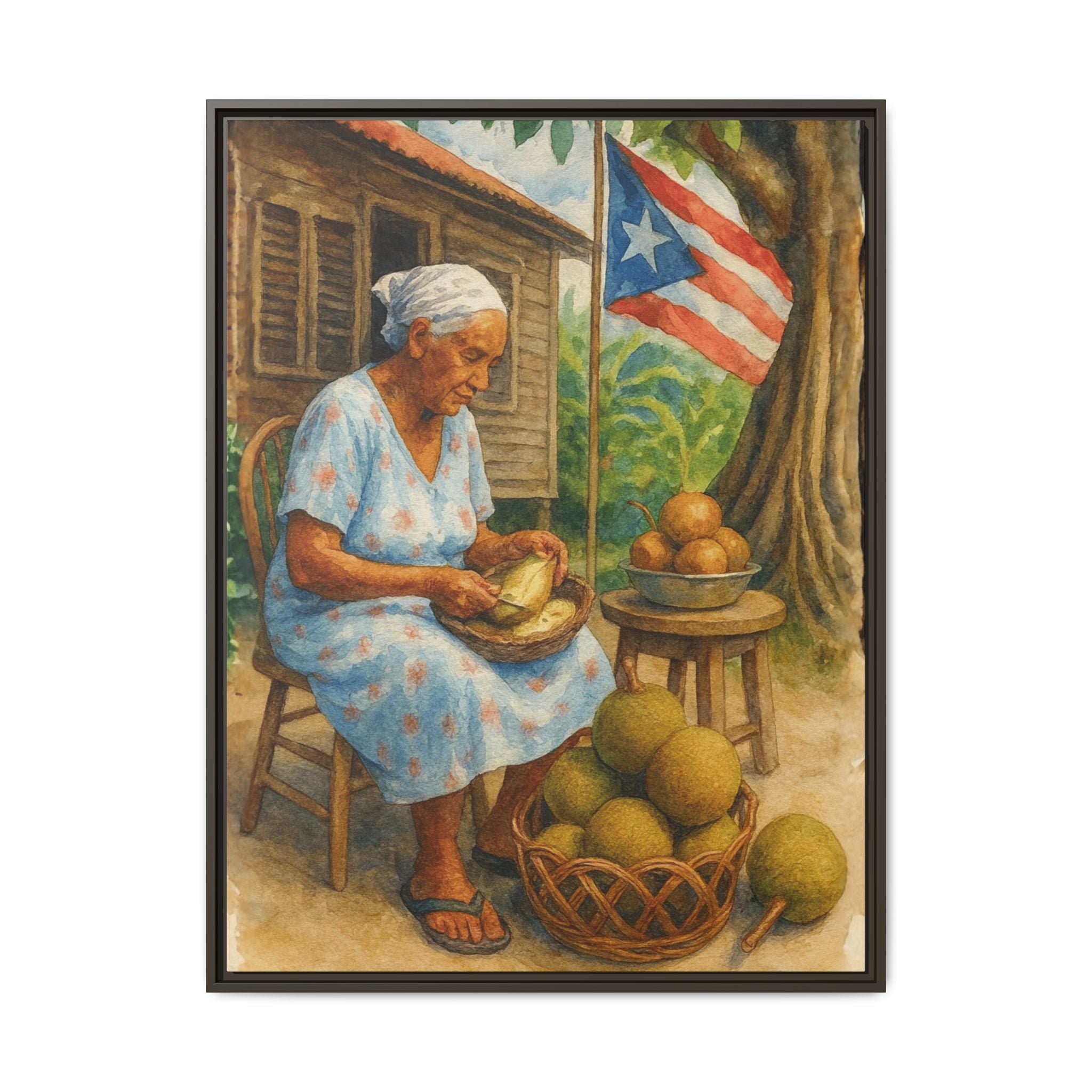 Cultural & Story-Driven These Puerto Rico inspired  Framed Matte Canvas Print  Woman Shelling Fruit Vintage Tropical Painting