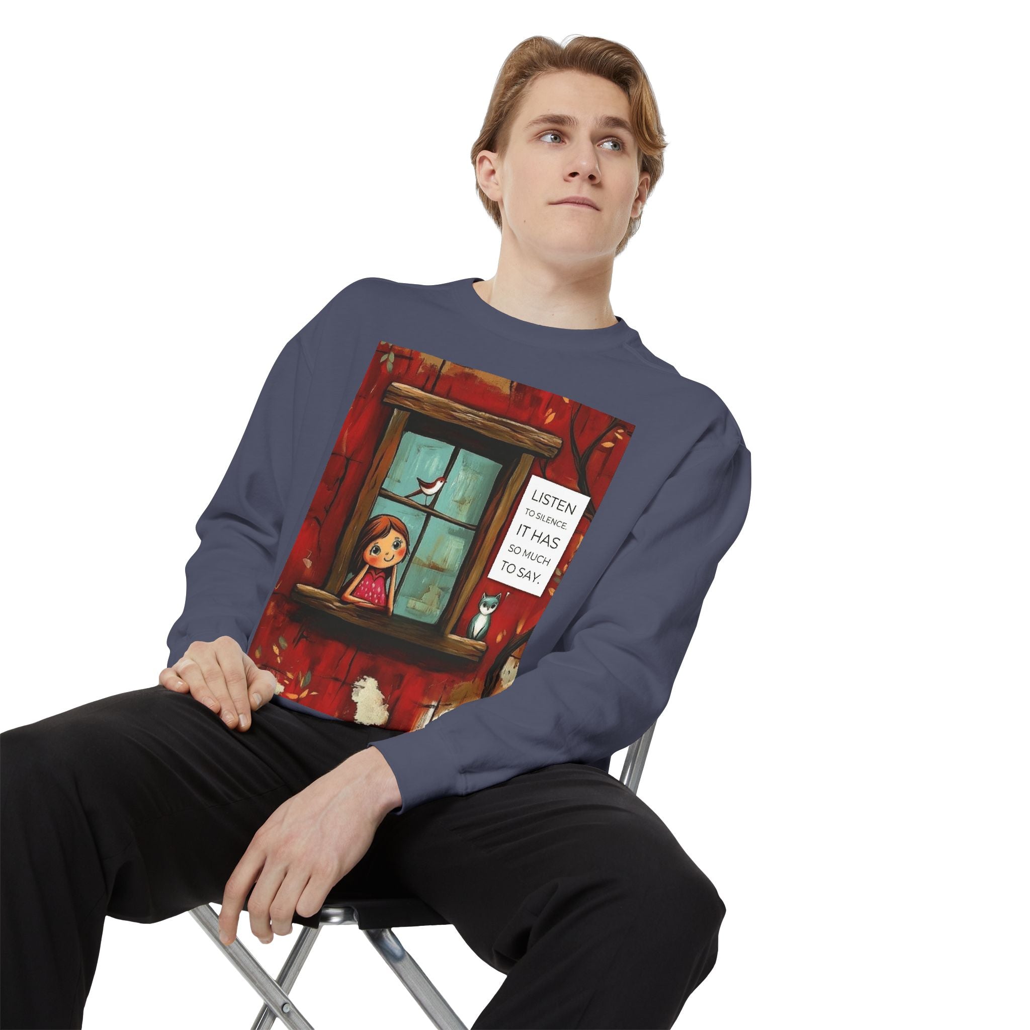 Cozy Window Scene Sweatshirt  "Listen, It Has So Much to Say" Graphic