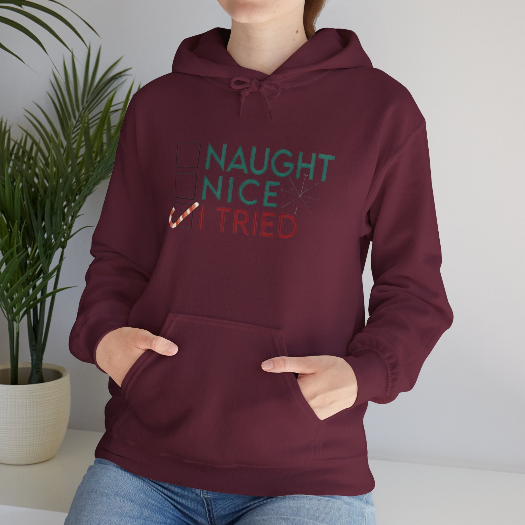 Holiday Hoodie — "Naughty, Nice, I Tried" Funny Christmas Sweatshirt