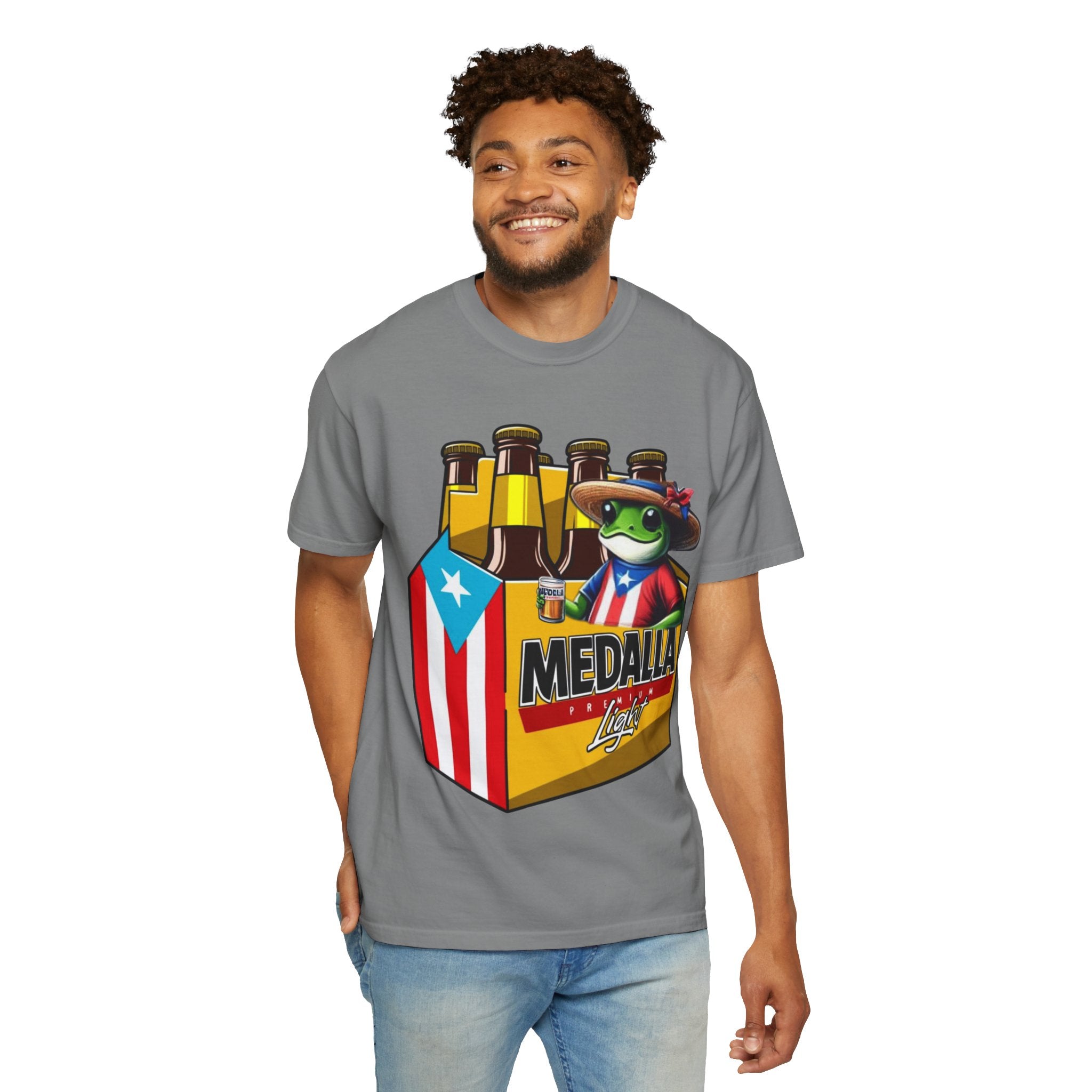 Medalla Light Puerto Rican Beer T-Shirt Coqui Frog Mascot Six-Pack Graphic Tee Puerto Rico’s Navidades