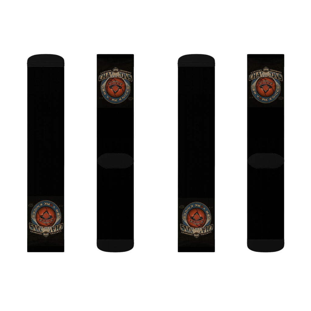 NY*K Basketball Black Sublimation Crew Socks with Vintage Motorcycle Badge Design
