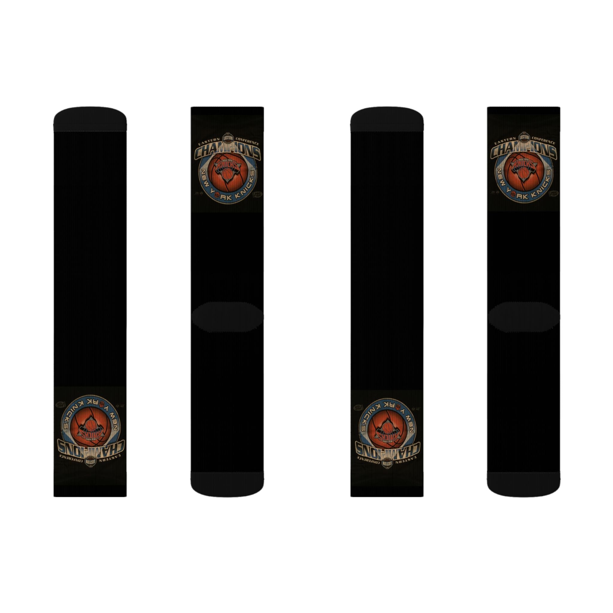 NY*K Basketball Black Sublimation Crew Socks with Vintage Motorcycle Badge Design