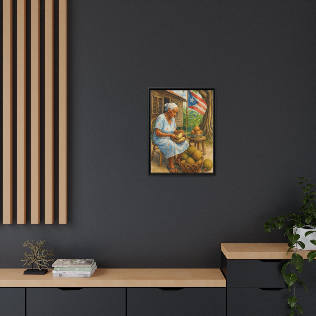 Cultural & Story-Driven These Puerto Rico inspired  Framed Matte Canvas Print  Woman Shelling Fruit Vintage Tropical Painting
