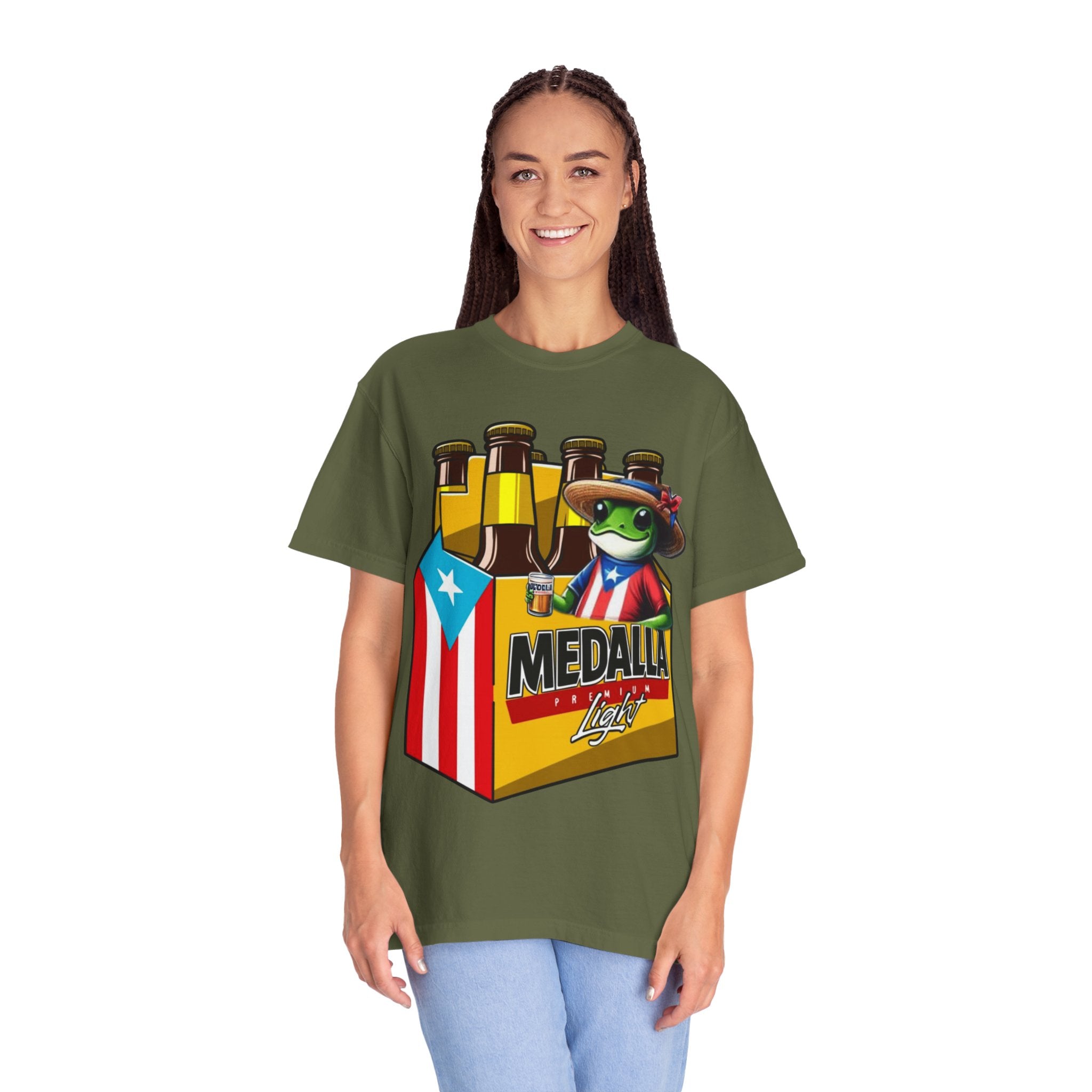 Medalla Light Puerto Rican Beer T-Shirt Coqui Frog Mascot Six-Pack Graphic Tee Puerto Rico’s Navidades