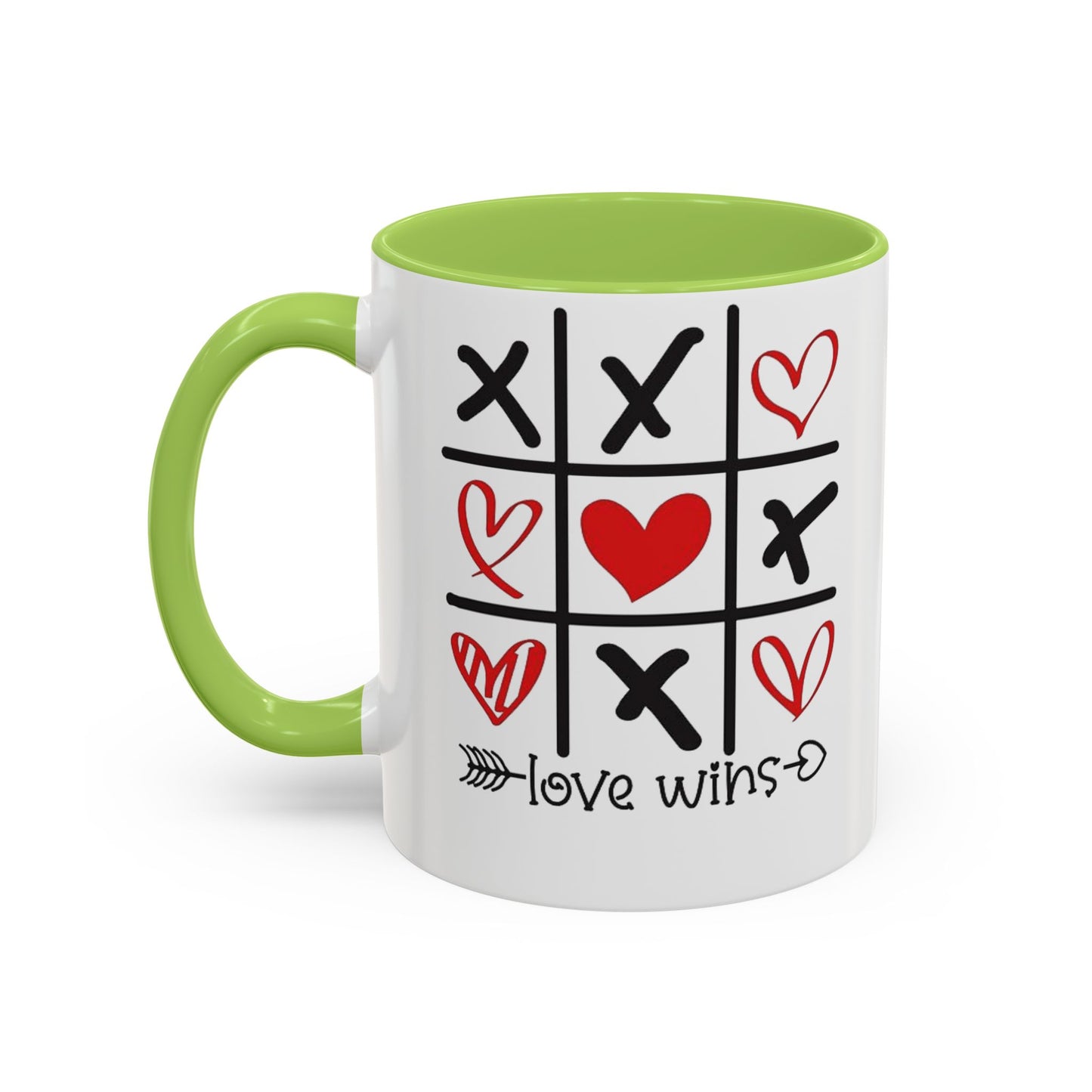 Love Wins Tic-Tac-Toe Heart Accent Coffee Mug — Romantic Valentine 11/15oz