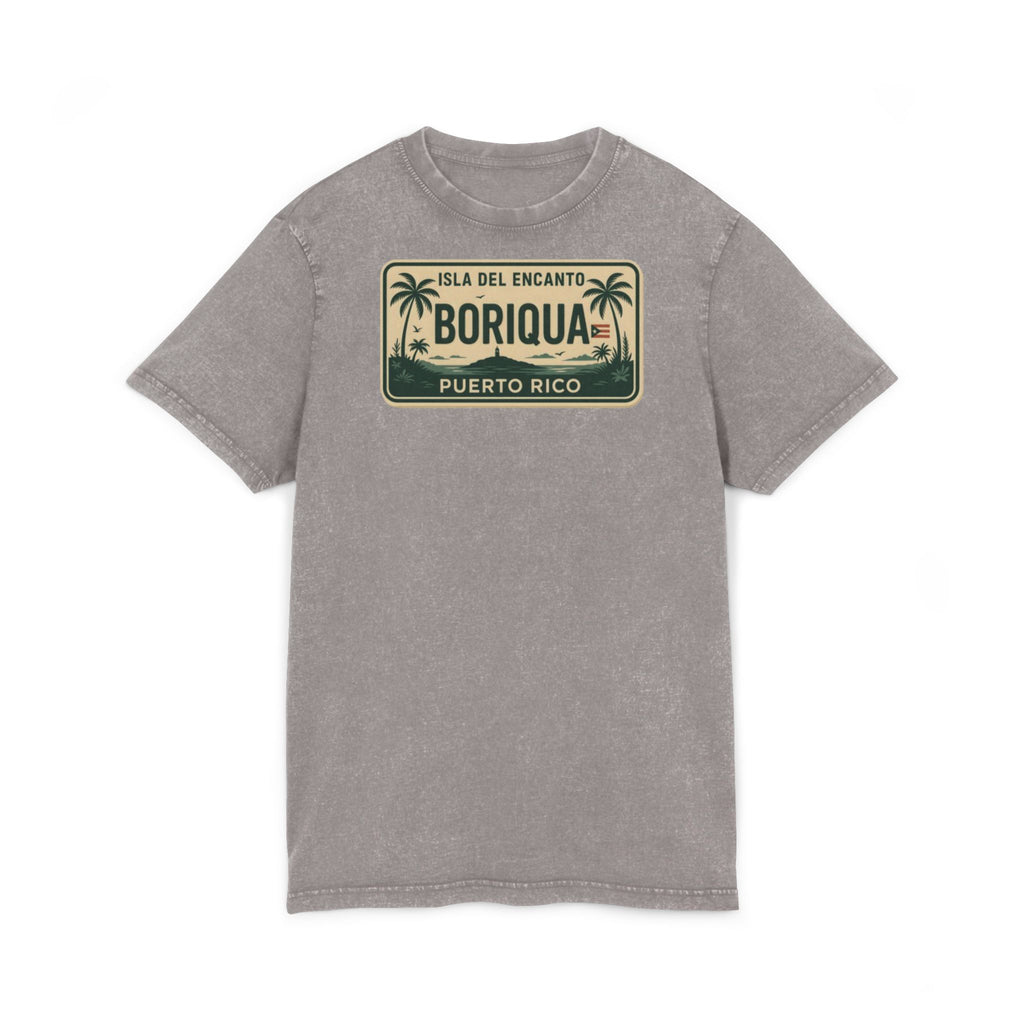 Boriqua Puerto Rico Vintage Acid-Wash Tee  Isla del Encanto License Plate Design