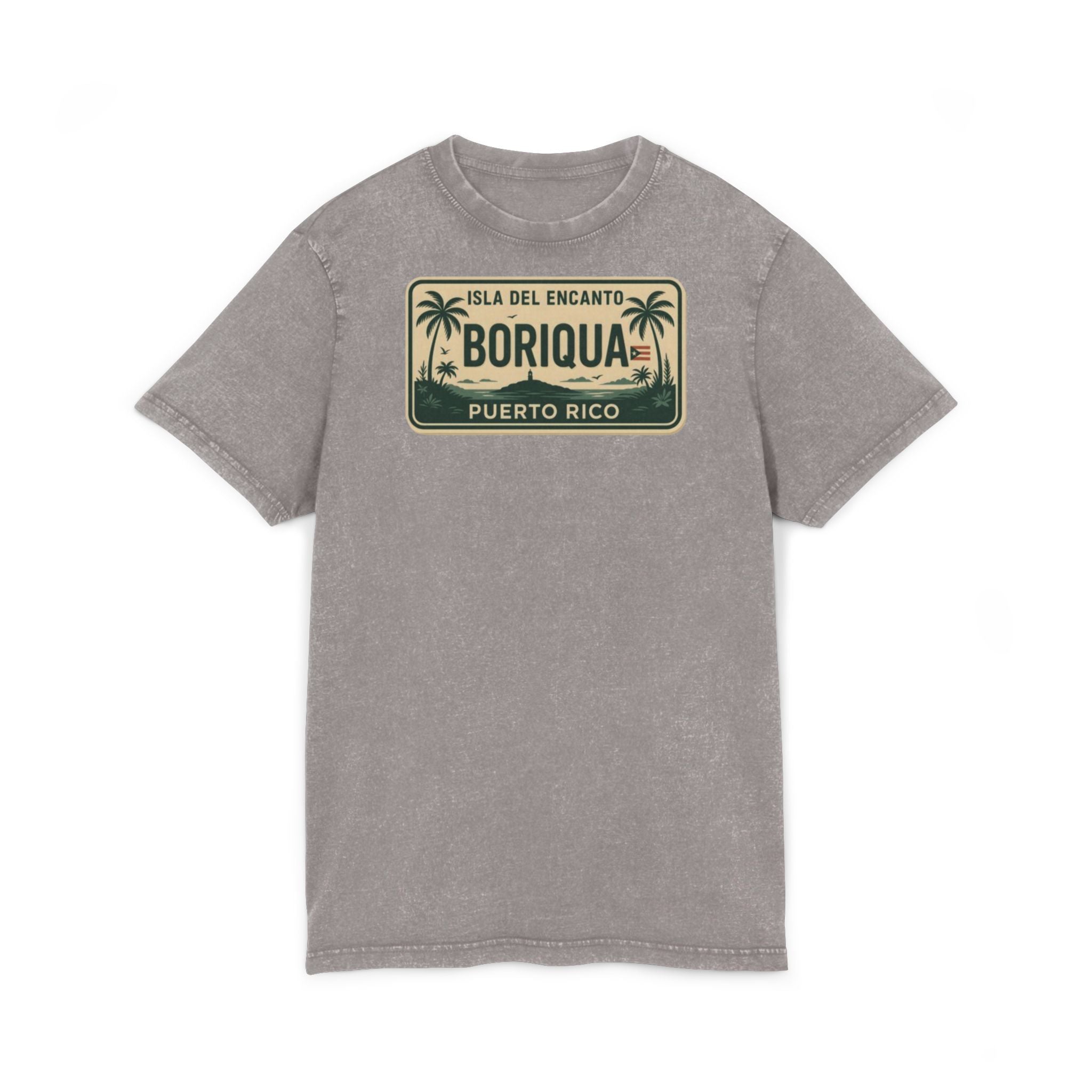 Boriqua Puerto Rico Vintage Acid-Wash Tee  Isla del Encanto License Plate Design