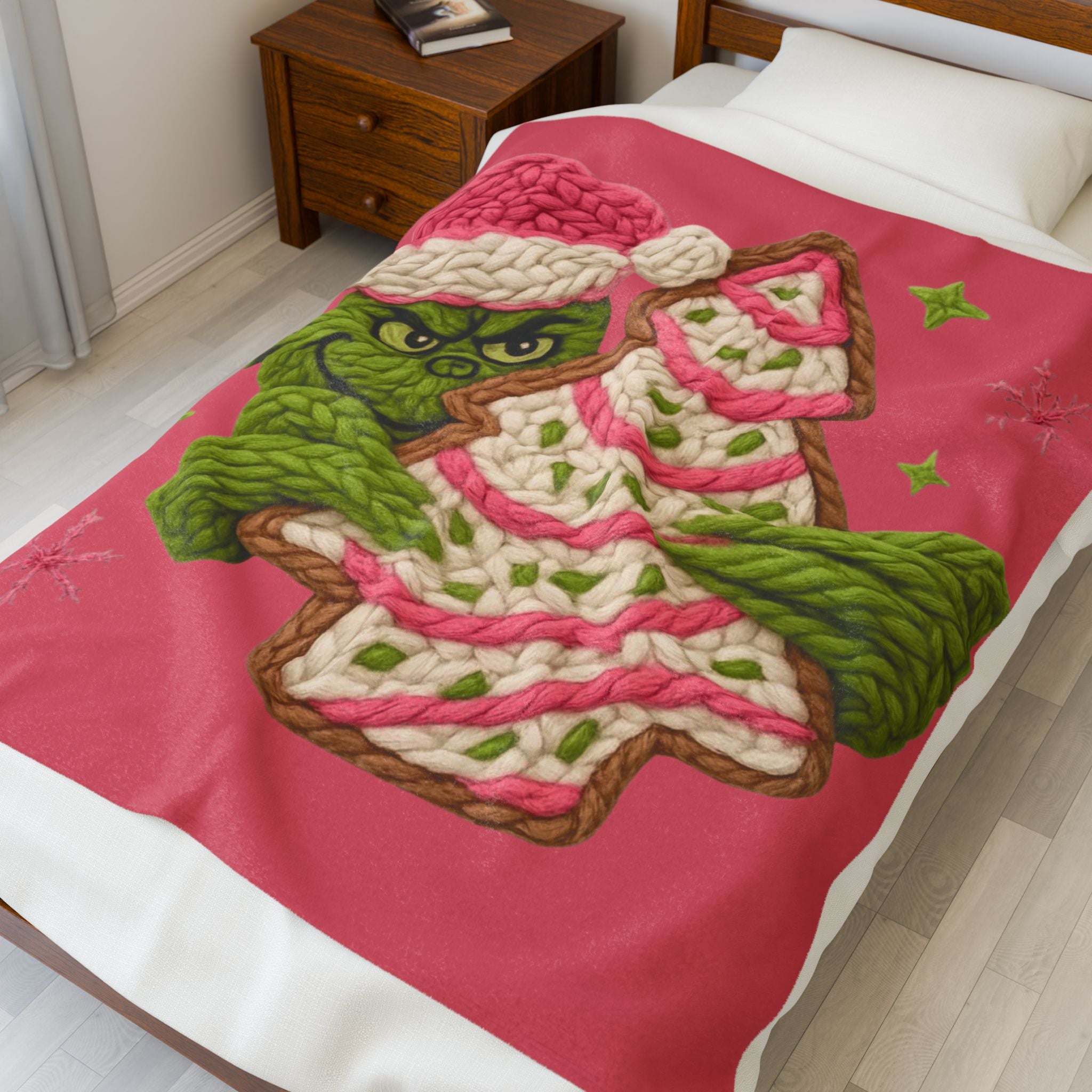Grinch Holiday Plush Blanket – Cozy Velveteen Christmas Throw with Knitted Tree Design