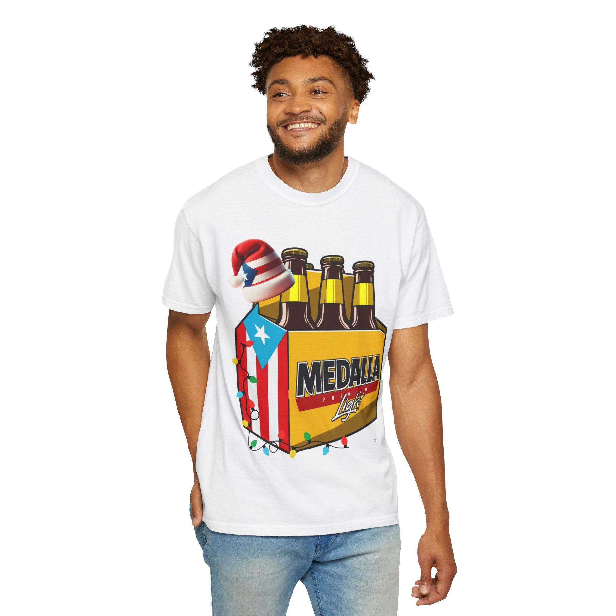 Medalla Light Beer T-Shirt  Navidad Boricua Holiday Tee Puerto Rico’s Navidades