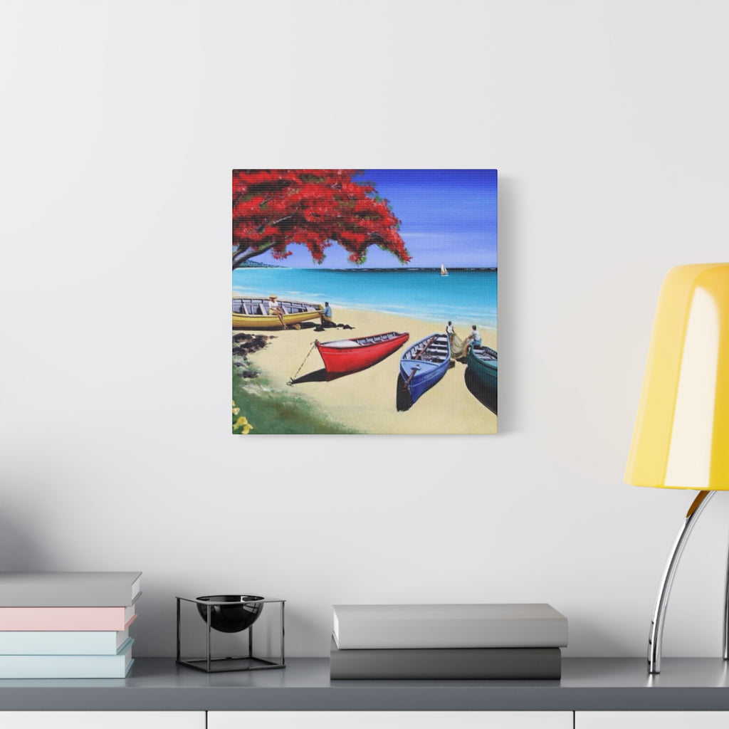 Beach Canoes Canvas Wall Art Tropical Seaside Landscape Matte Stretched Canvas