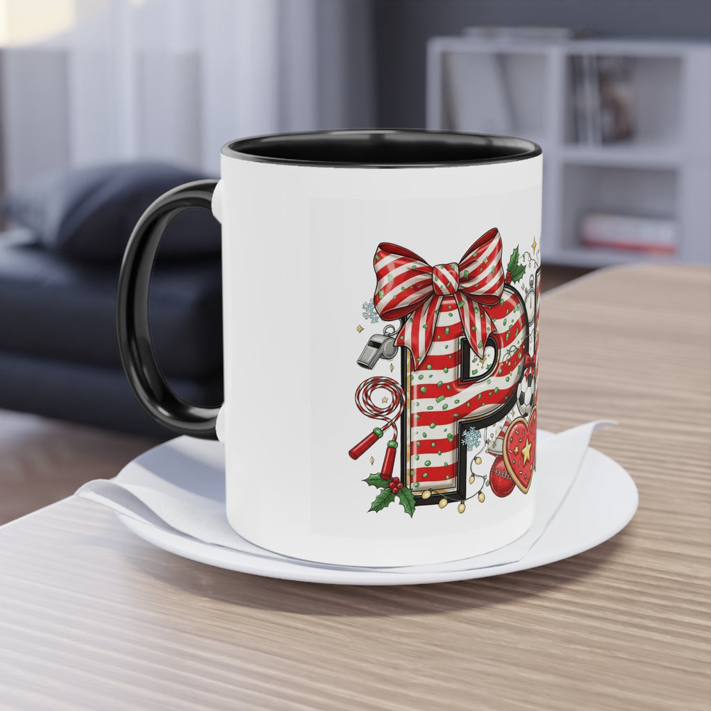 Holiday Sports Mom Coffee Mug Festive 'PE' Candy-Stripe Design, 11oz Two-Tone School Staff Christmas Mug Collection,