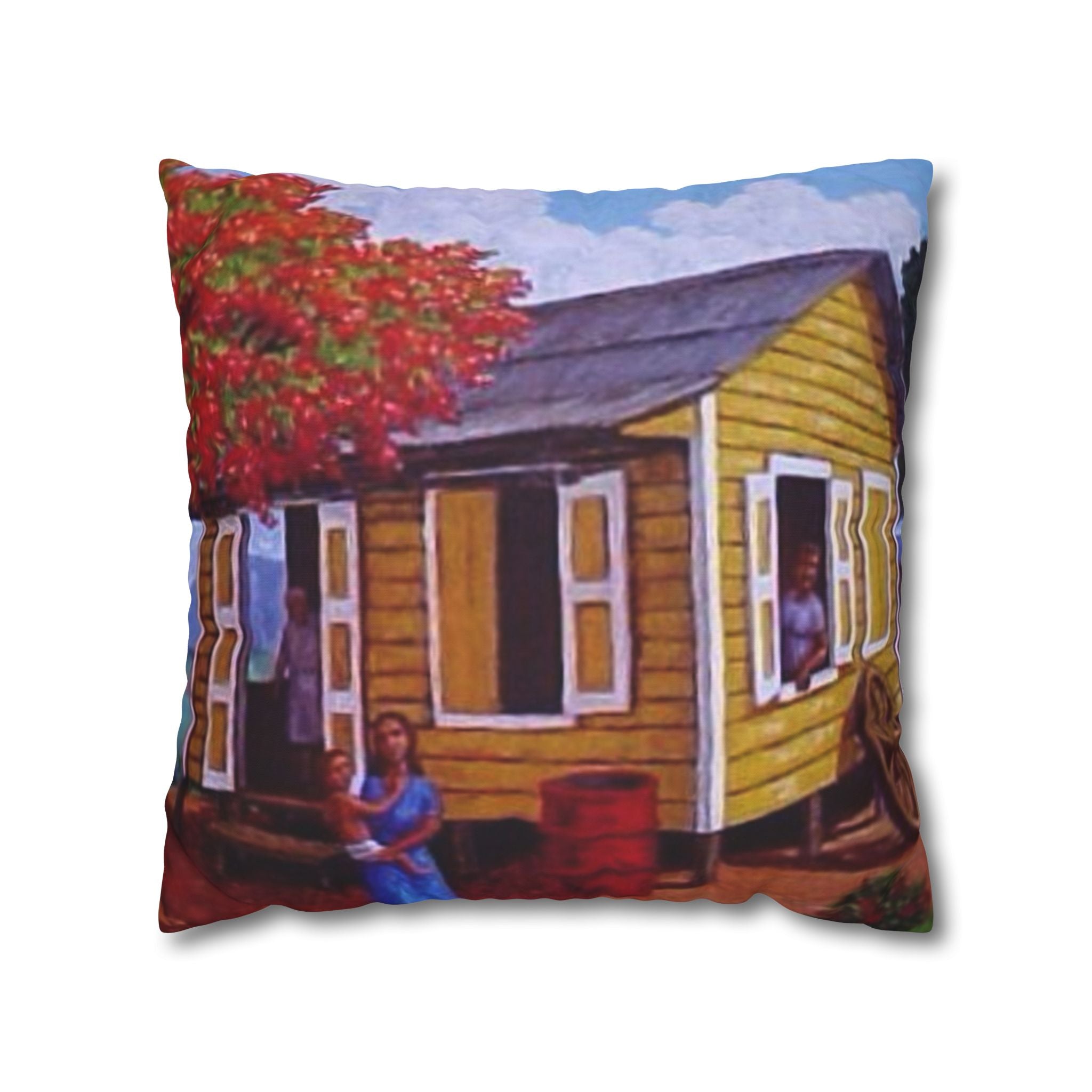 Puerto Rico Culture Pillow Cozy Cottage Canvas Pillow  Yellow House Decorative Throw Pillowcase