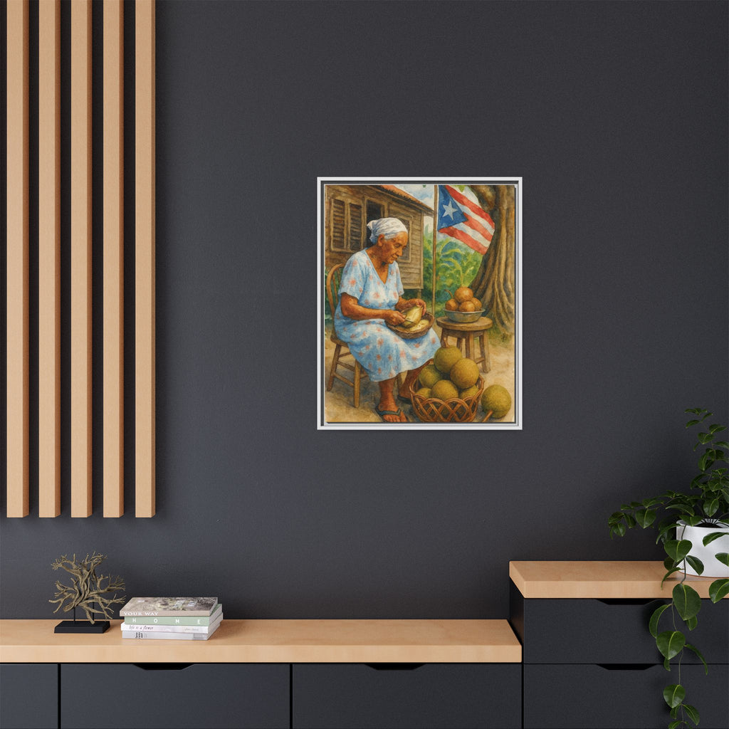 Cultural & Story-Driven These Puerto Rico inspired  Framed Matte Canvas Print  Woman Shelling Fruit Vintage Tropical Painting