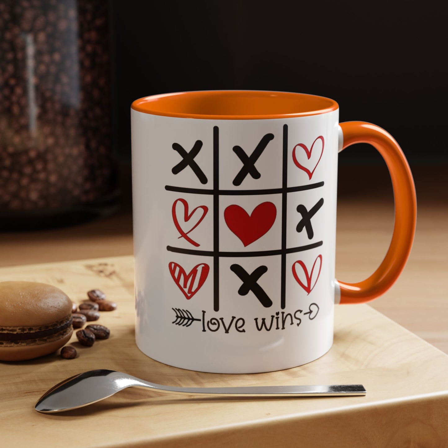 Love Wins Tic-Tac-Toe Heart Accent Coffee Mug — Romantic Valentine 11/15oz
