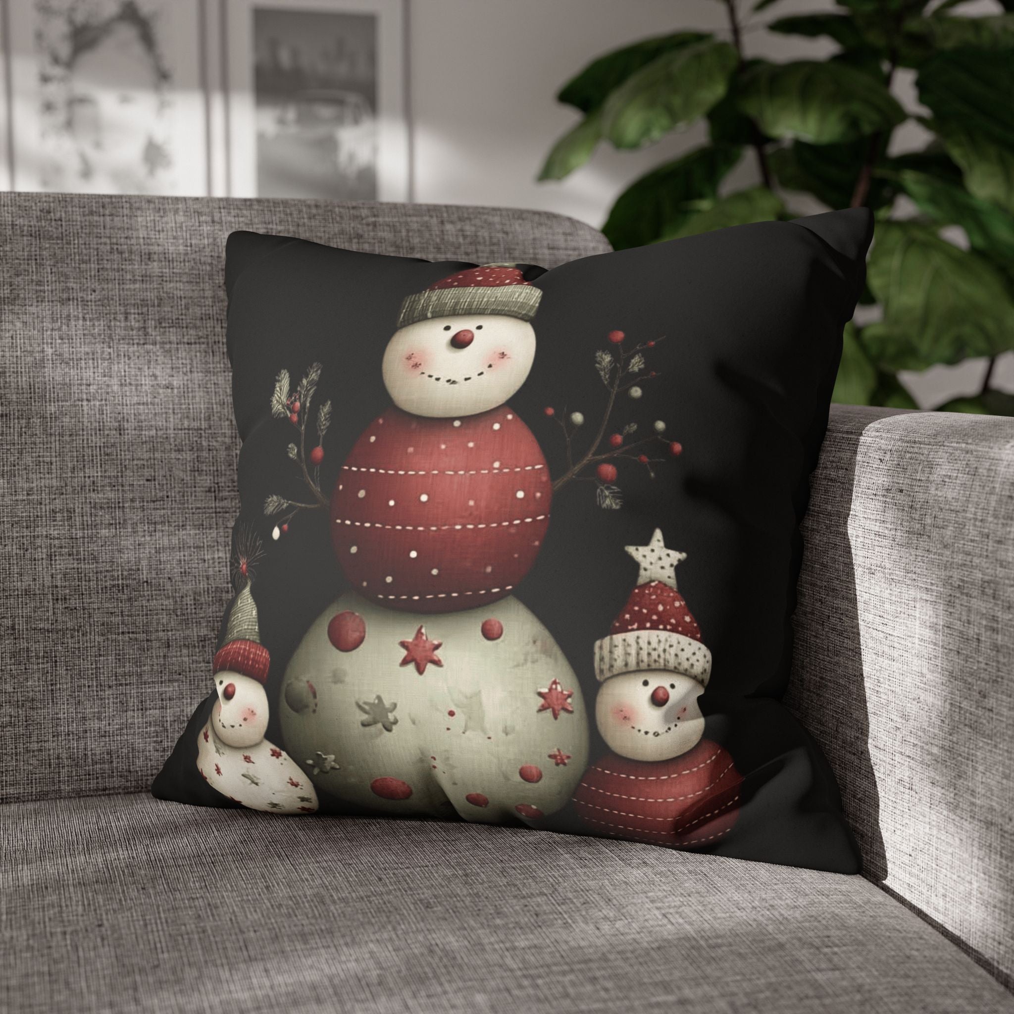 Christmas Snowman Faux Suede Pillowcase – Cute Stacked Snowmen Holiday Decor CHRISTMAS PILLOW DÉCOR