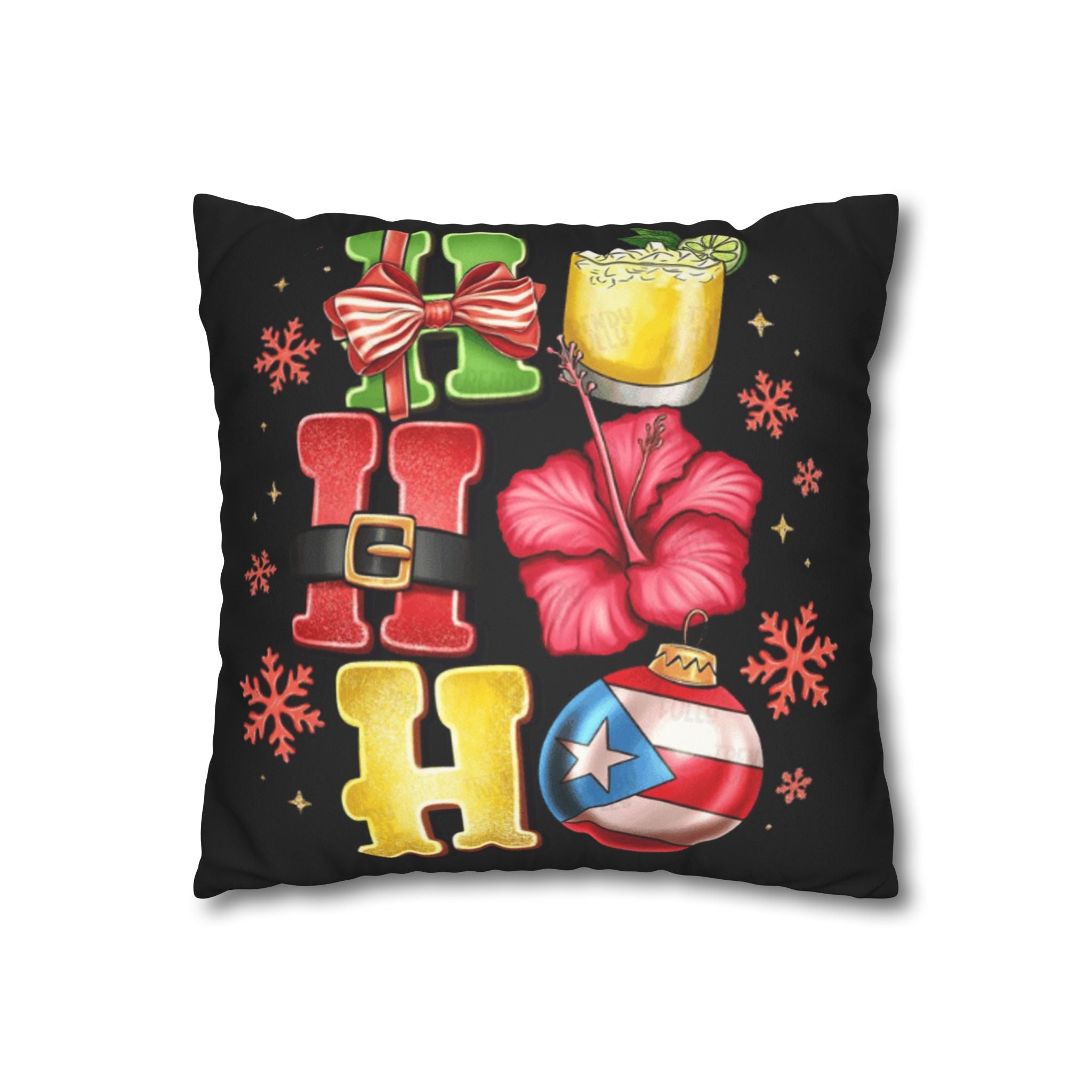 Holiday HOHO Pillow Cover  Puerto Rico Ornament, Hibiscus & Coquito Christmas Throw Pillowcase