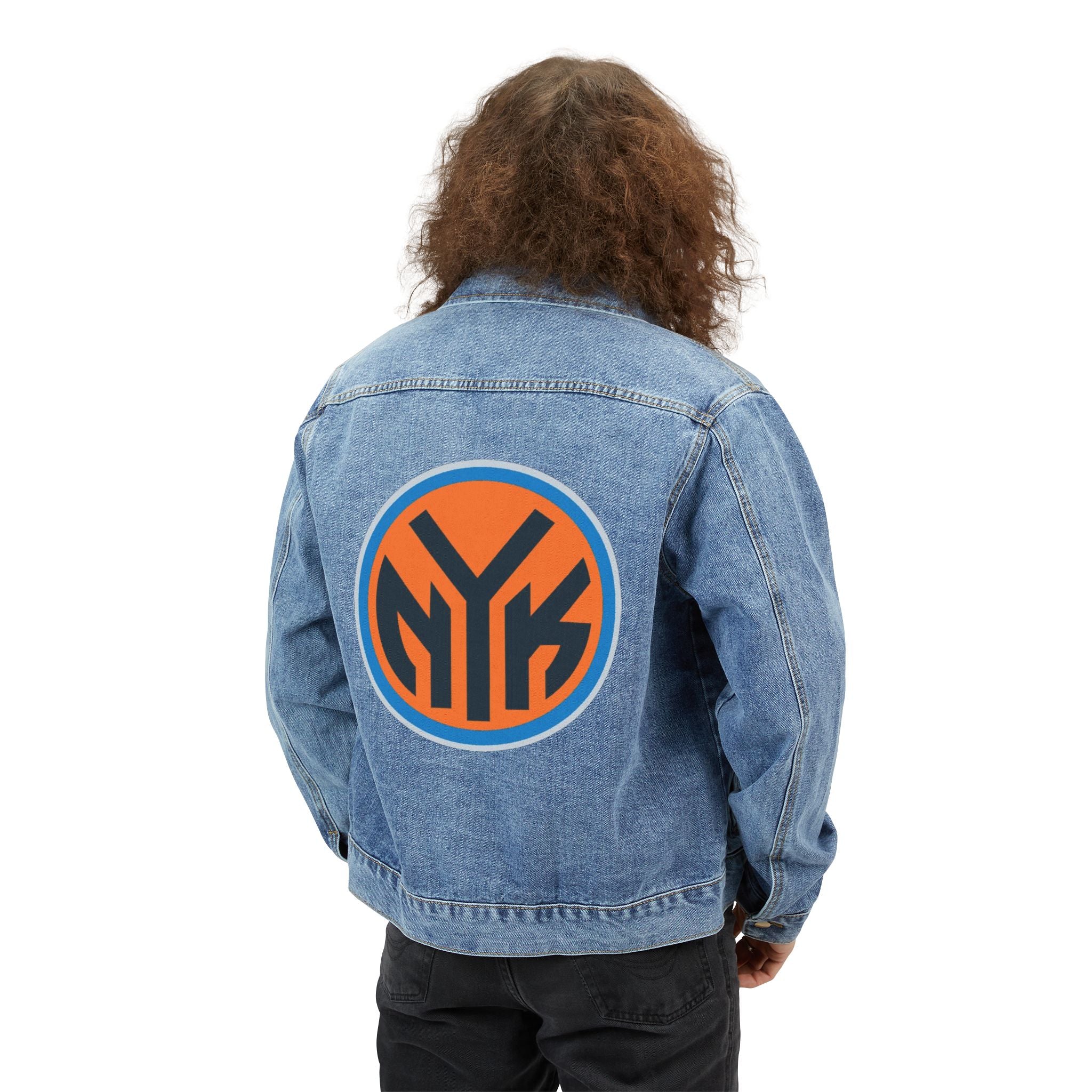 Denim Jacket with Bold NYK Basketball— Men's Retro Sports Jean Jacket