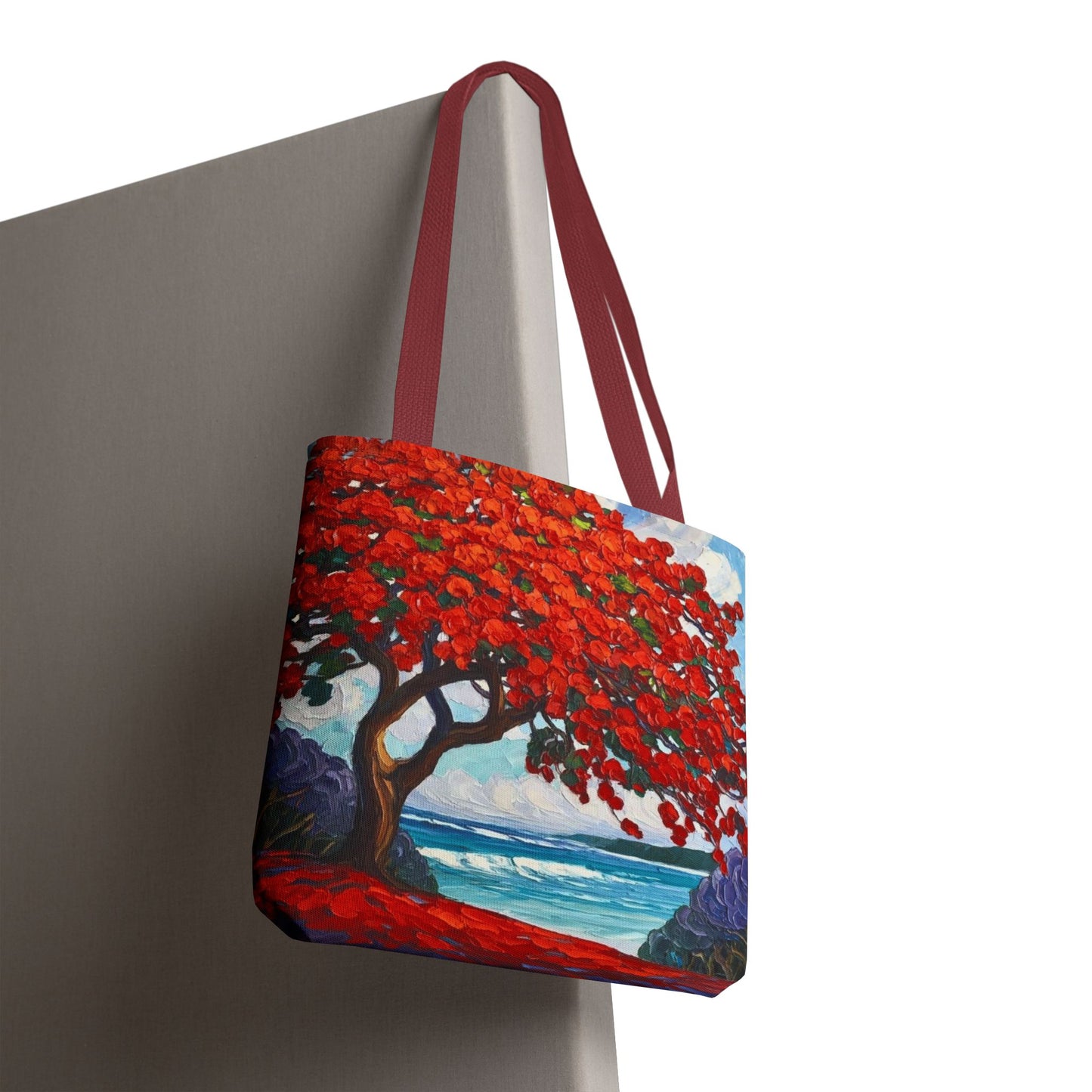 Red Blossom Beach Tote - Tropical Tree Art All-Over Print Tote Bag Crochet-Decorated Tote Bags