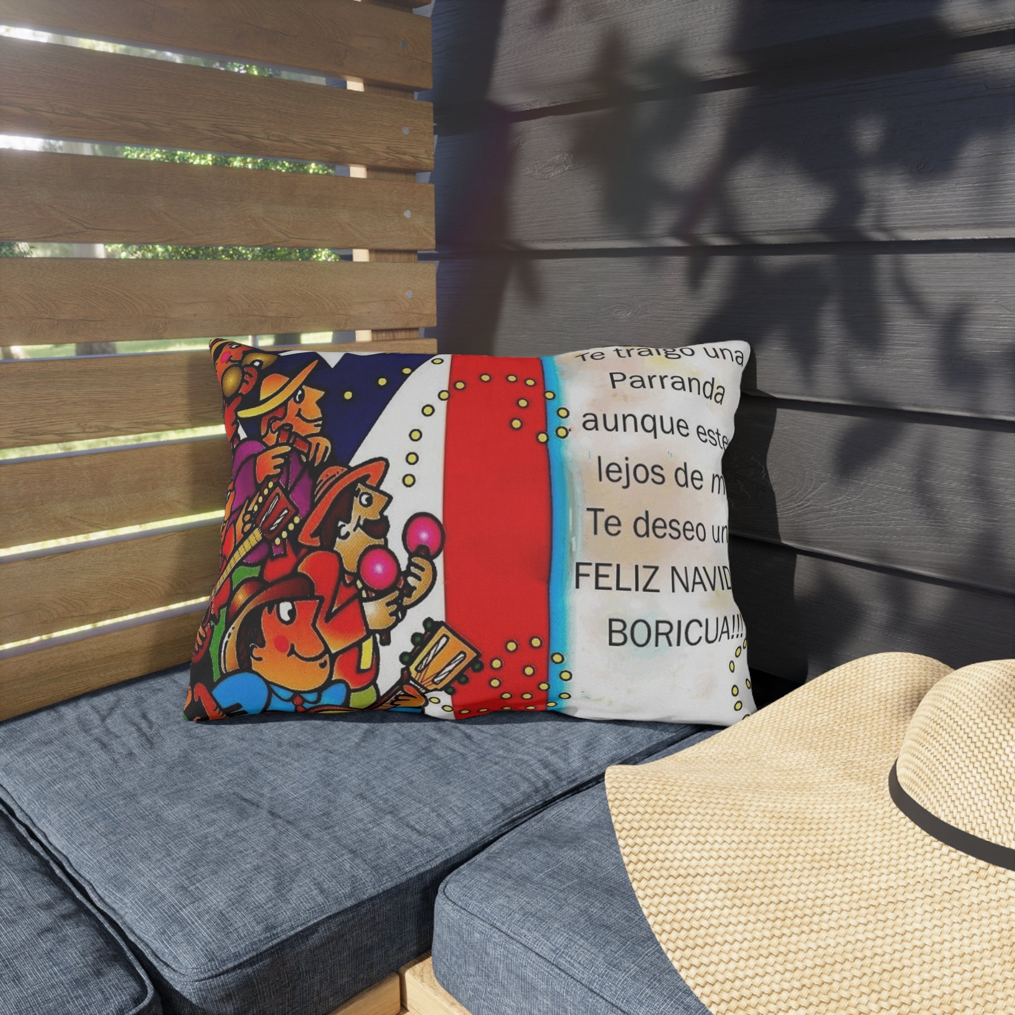 Puerto Rican Christmas Outdoor Pillow — "Te traigo una Parranda" Festive Boricua Holiday Decor
