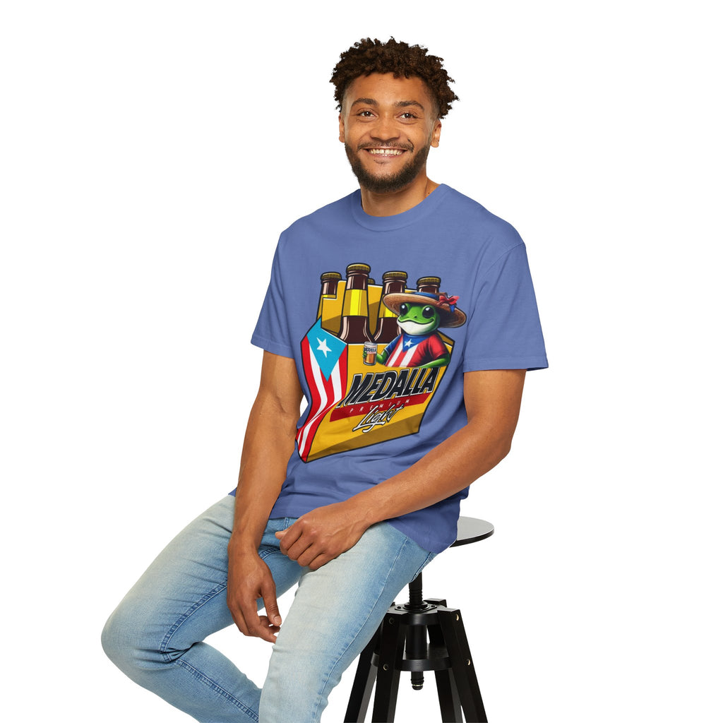 Medalla Light Puerto Rican Beer T-Shirt Coqui Frog Mascot Six-Pack Graphic Tee Puerto Rico’s Navidades