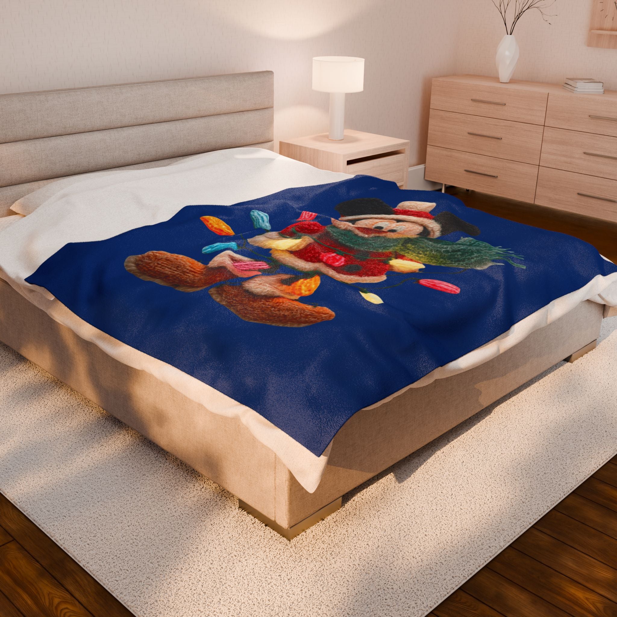 Mickey Mouse Holiday Velveteen Plush Blanket — Festive Lights & Scarf Cozy Throw
