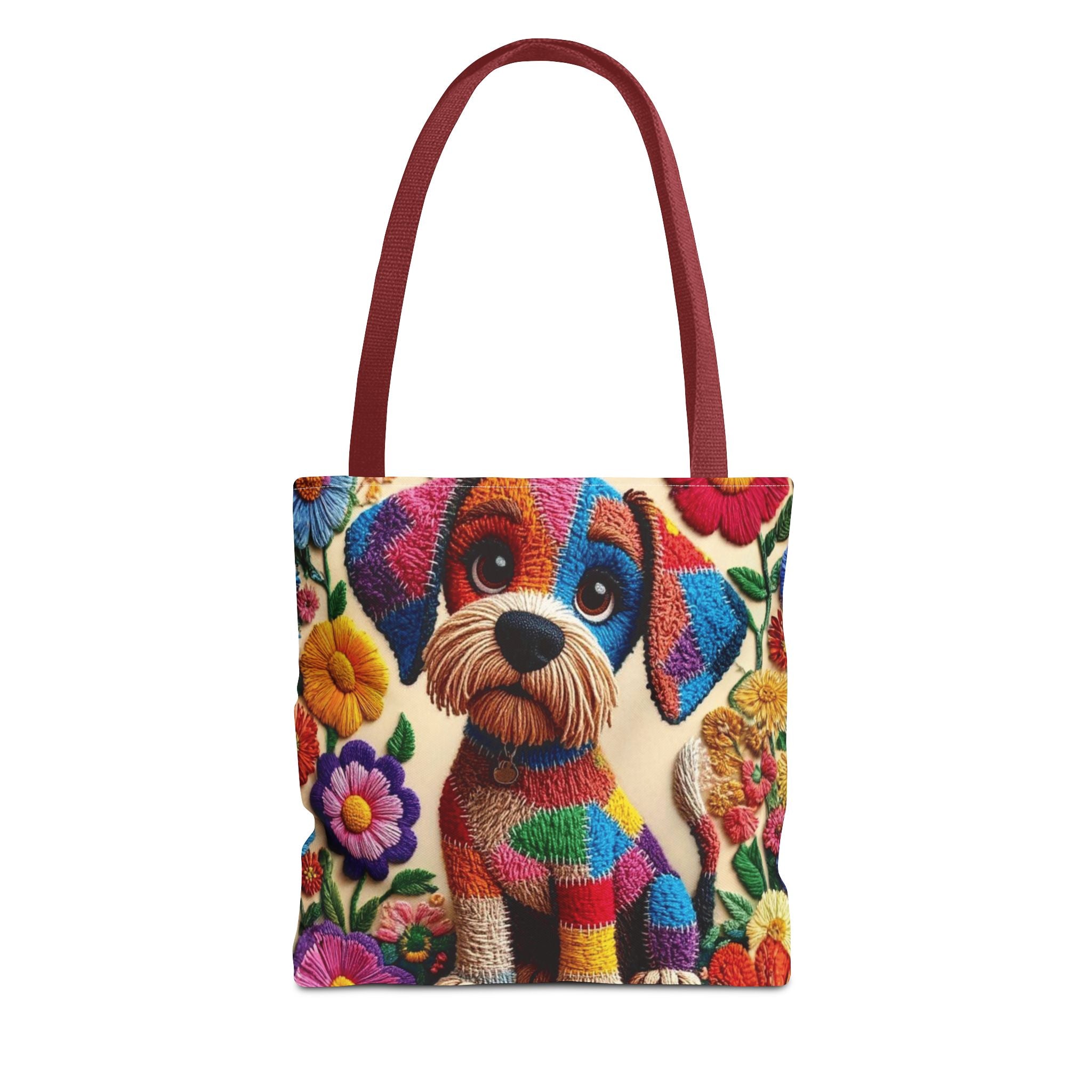 Colorful Patchwork Puppy Tote Bag — Cute Dog Floral AOP Shopper Crochet-Decorated Tote Bags