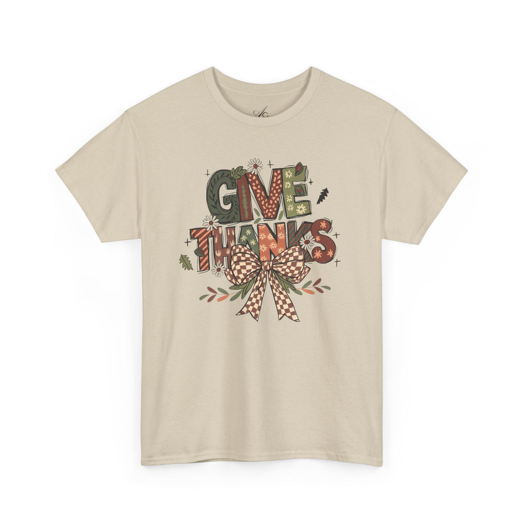 Give Thanks Tee Thanksgiving Graphic T-Shirt with Rustic Bow Design