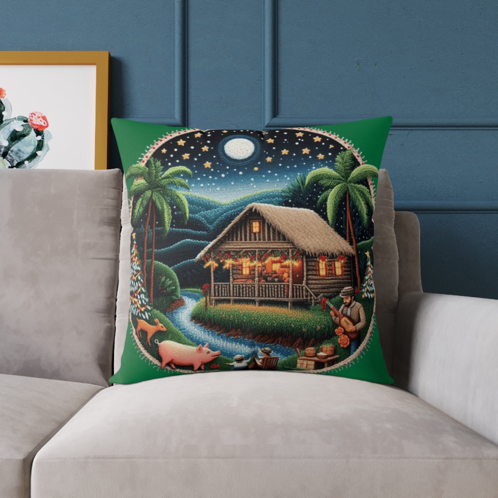 Island Night Cottage Pillow  Tropical Moonlit Cabin Throw Pillow Puerto Rico Culture Pillow