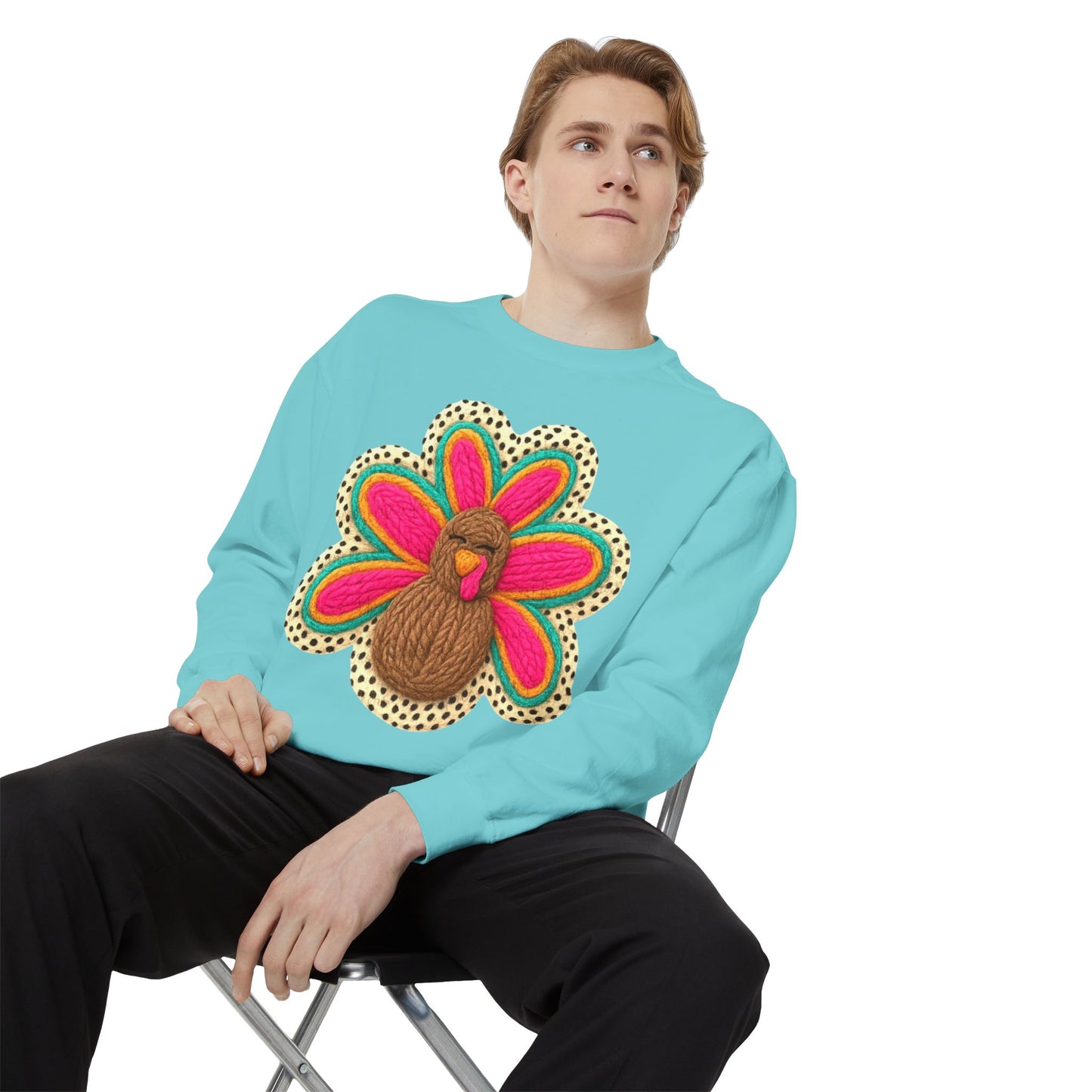 Festive Holiday Designs Turkey Patch Sweatshirt — Colorful Embroidered Thanksgiving Pullover