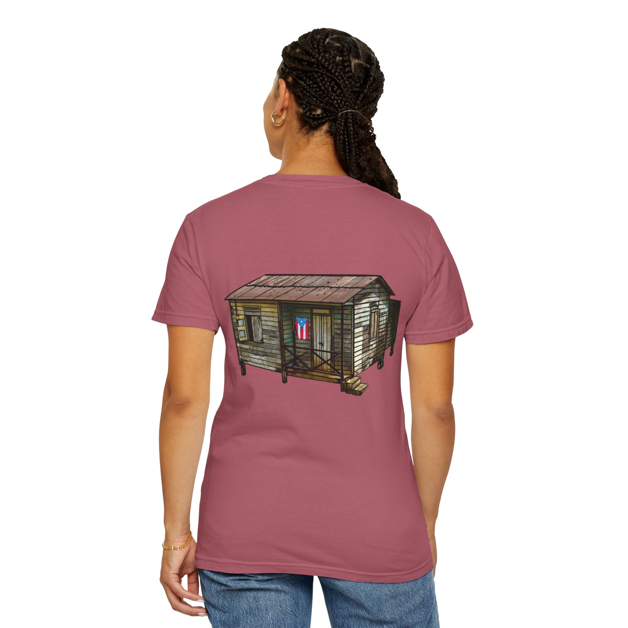 Puerto Rican Batey Cabin T-Shirt  Three Masks & Rustic House Graphic Tee Puerto Rico Navidades