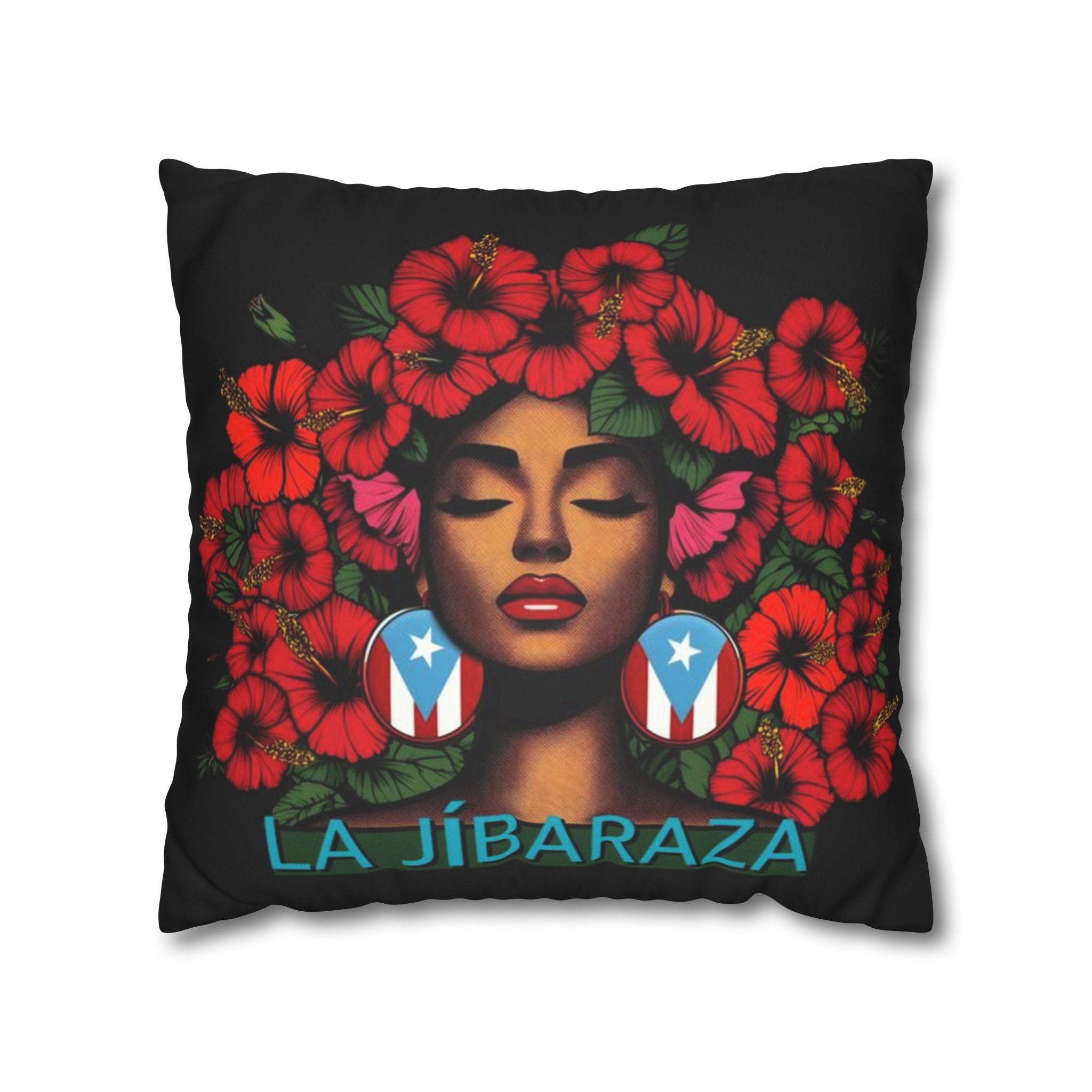La Jíbara Pillowcase – Puerto Rican Floral Hair Art Square Pillow  Puerto Rico Culture Pillow