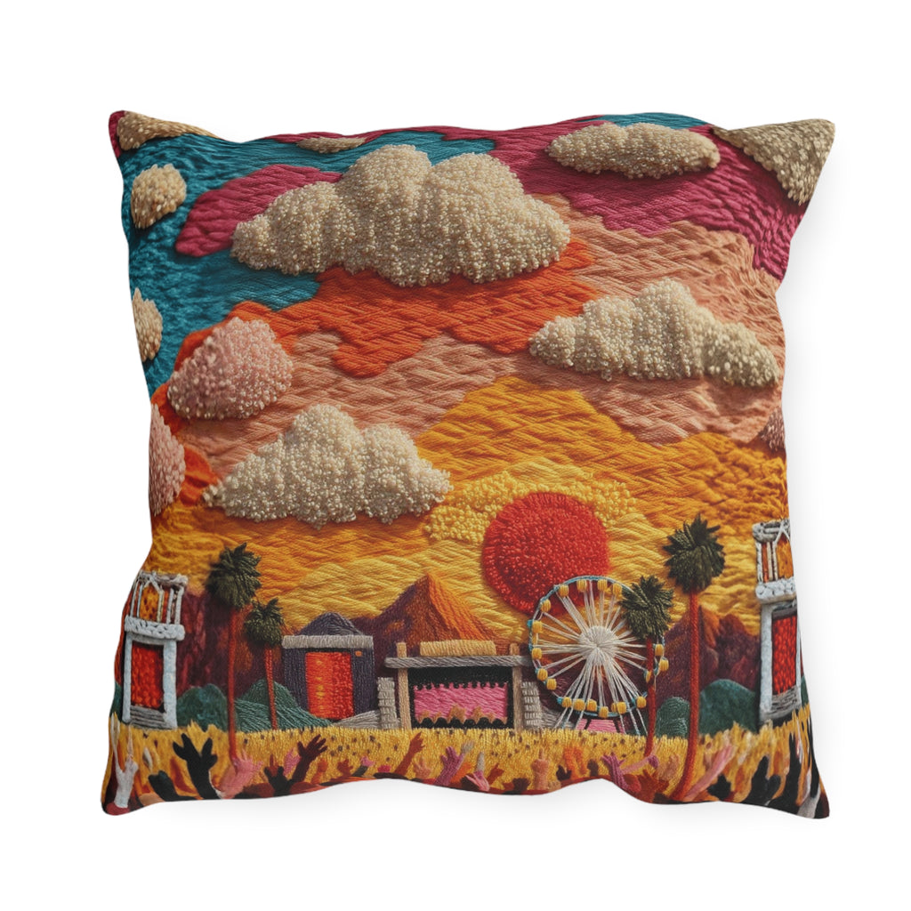 Retro Festival Outdoor Pillow — Sunset Carnival Embroidered Design