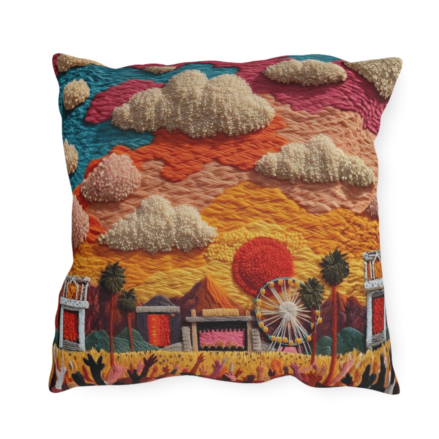Retro Festival Outdoor Pillow — Sunset Carnival Embroidered Design
