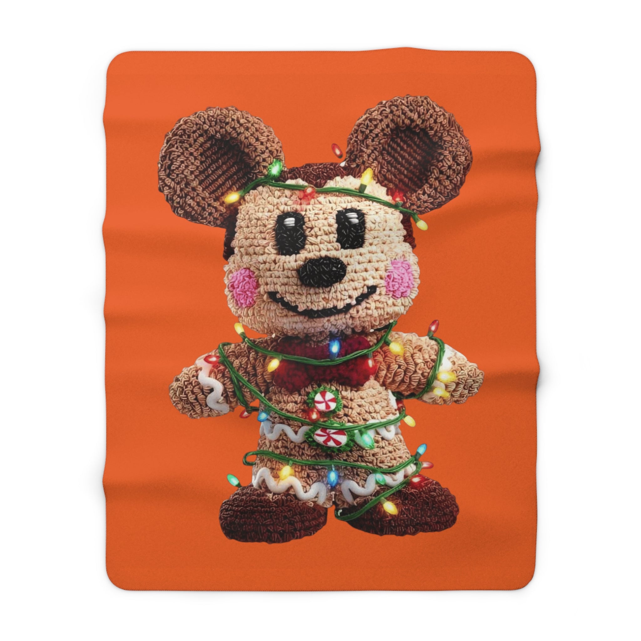 Cozy Crochet Mouse Holiday Sherpa Blanket — Cute Gingerbread Toy Wrapped in Christmas Lights