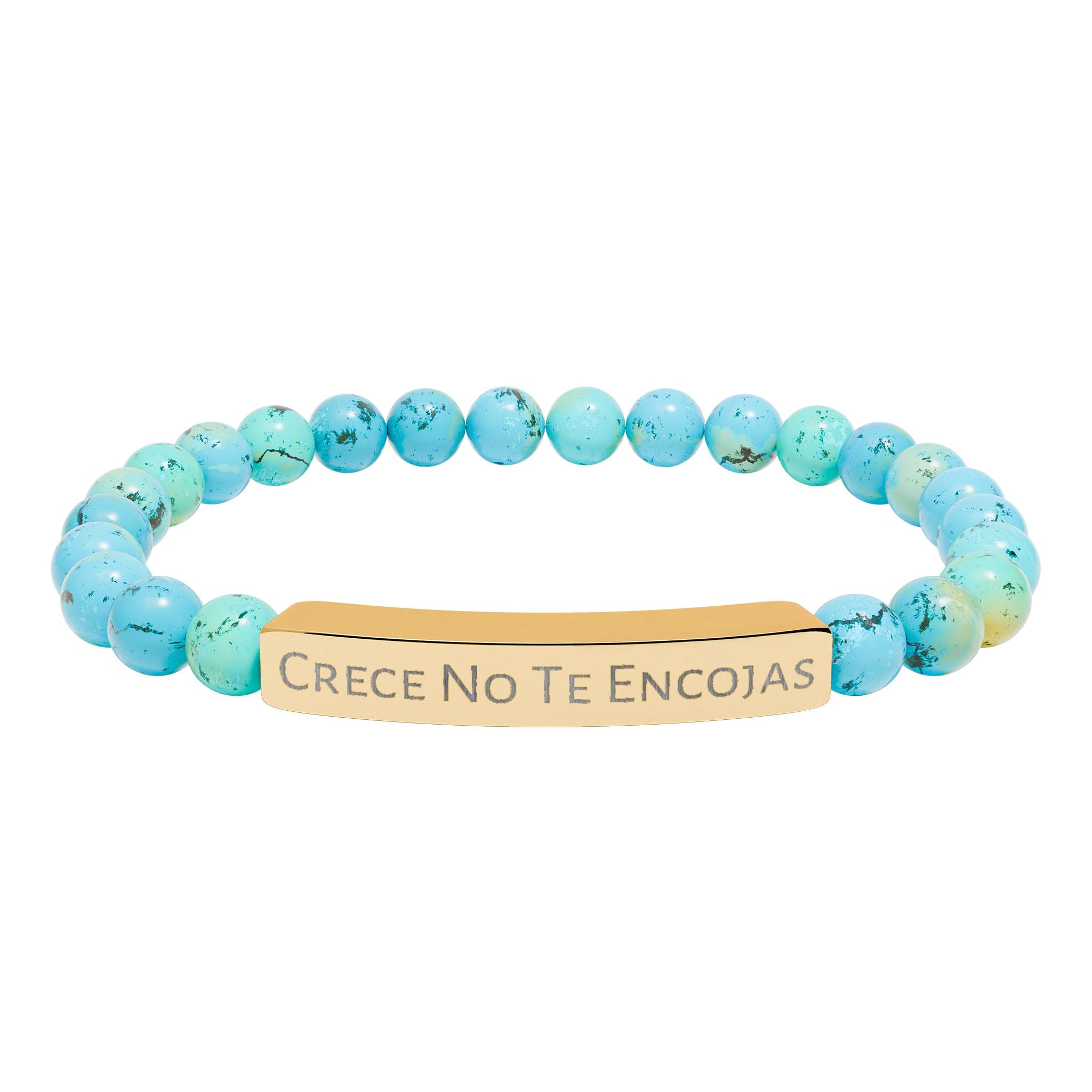 Engraved Natural Stone Stretch Bracelet — "Crece No Te Rindas" Affirmation Bar