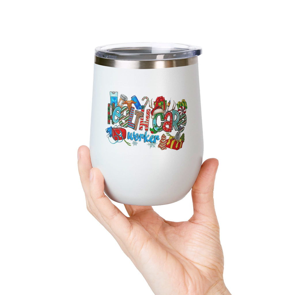 Healthcare Worker 12oz Wine Tumbler — Colorful Holiday Medical Staff Gift Medical Christmas Mug