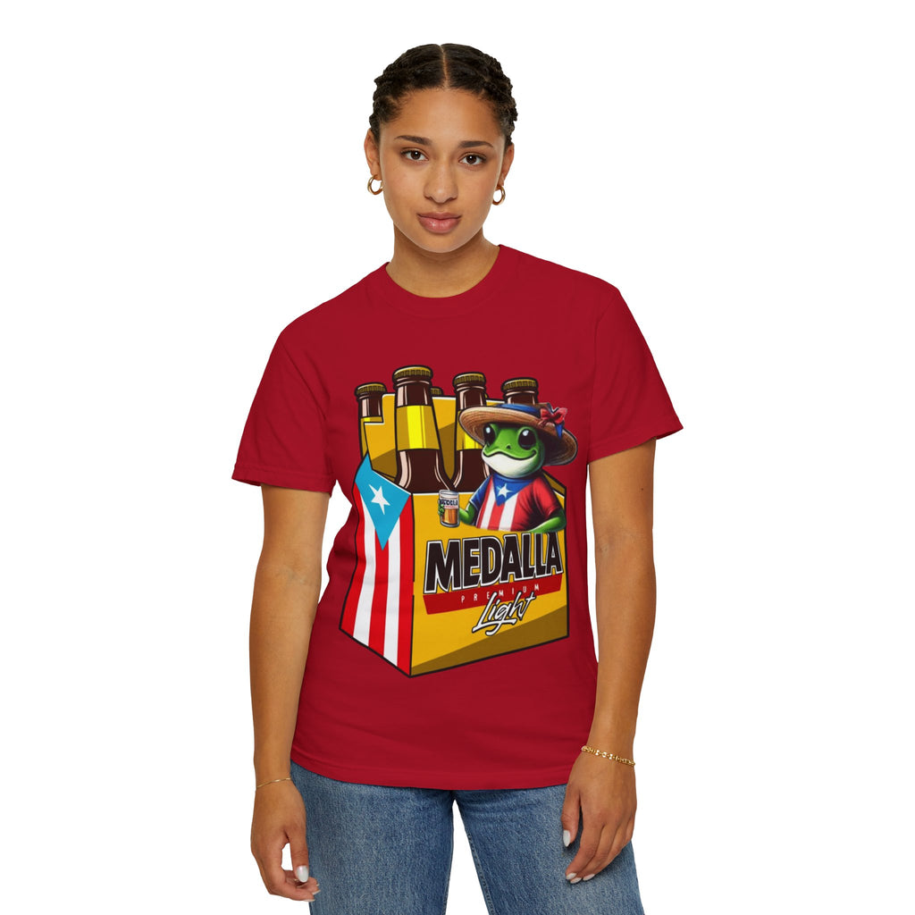 Medalla Light Puerto Rican Beer T-Shirt Coqui Frog Mascot Six-Pack Graphic Tee Puerto Rico’s Navidades