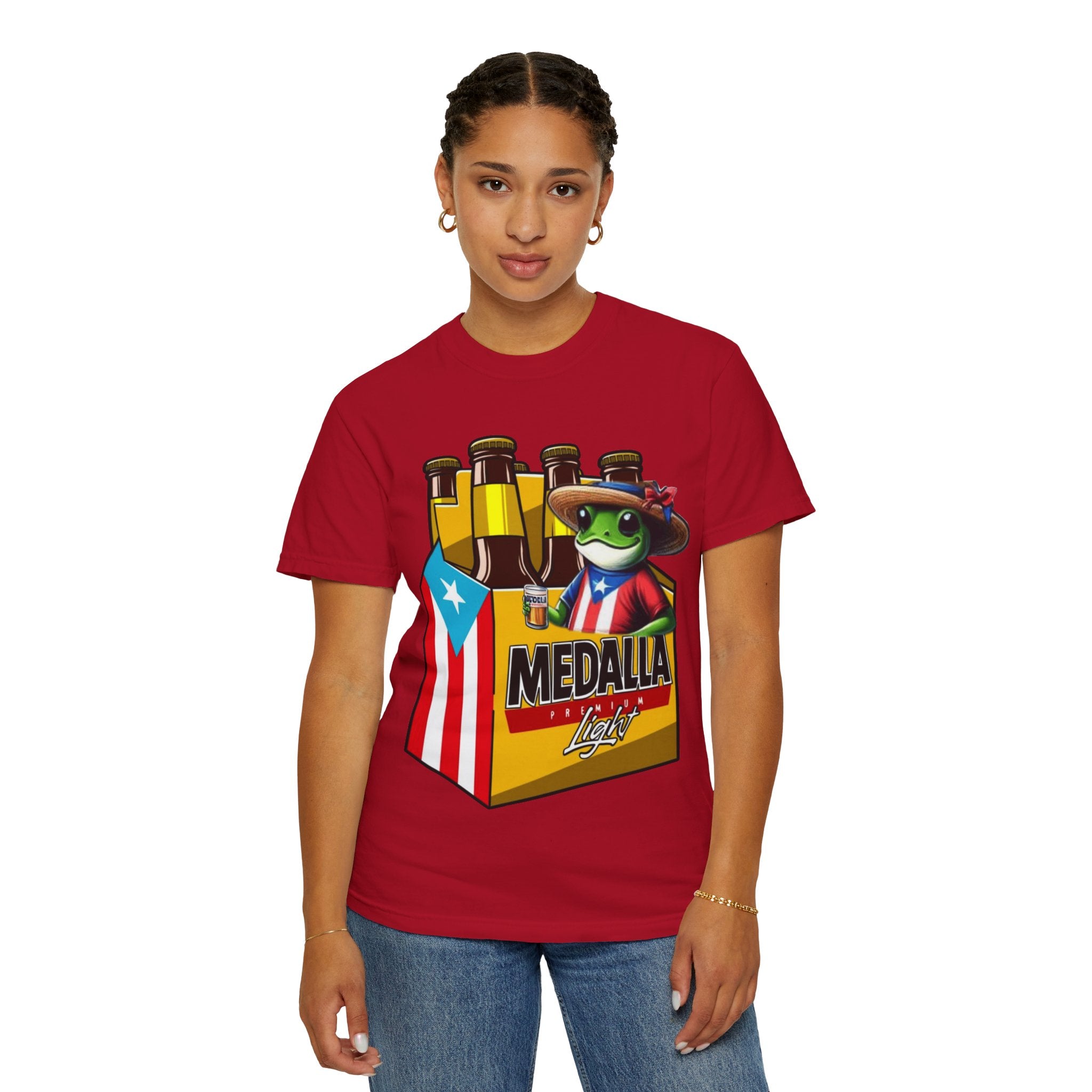 Medalla Light Puerto Rican Beer T-Shirt Coqui Frog Mascot Six-Pack Graphic Tee Puerto Rico’s Navidades