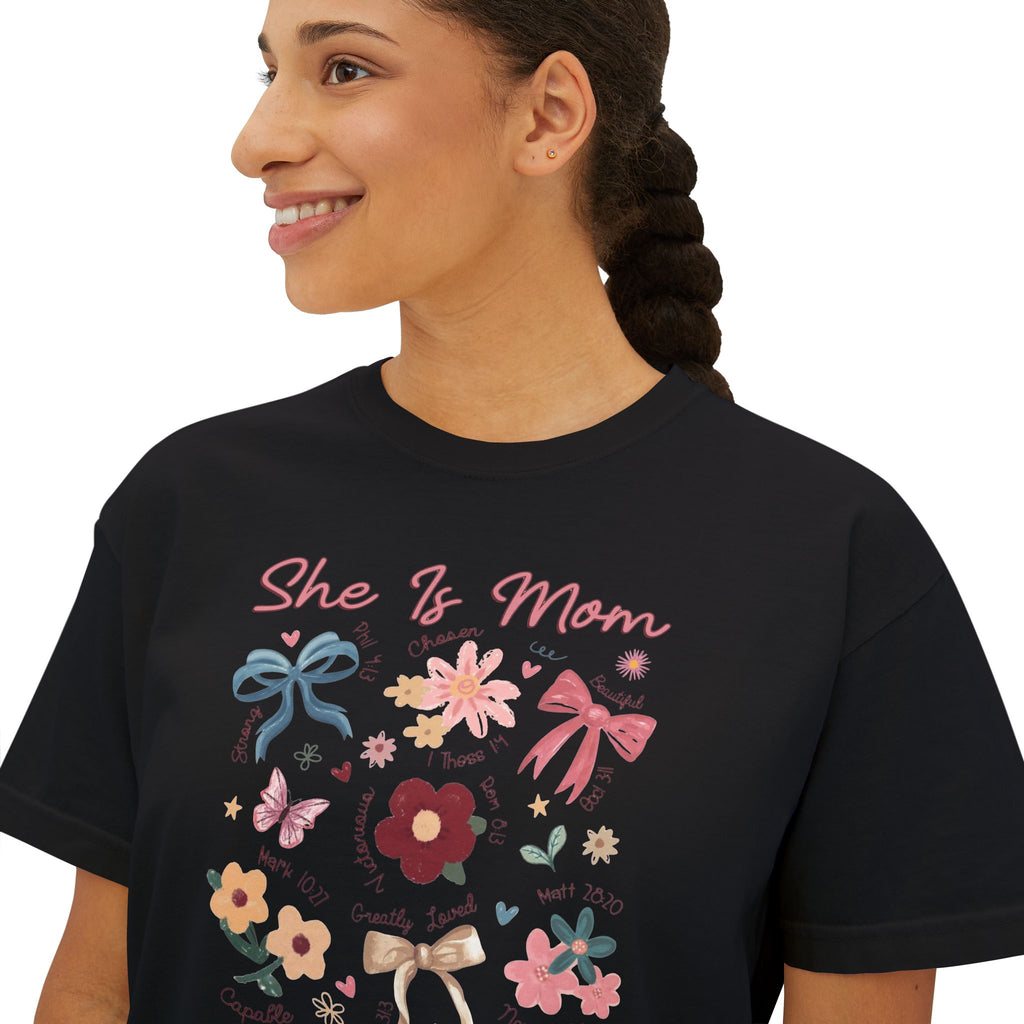 She Is Mom Floral Boxy Tee  Cute Mother’s Day Floral Graphic Shirt
