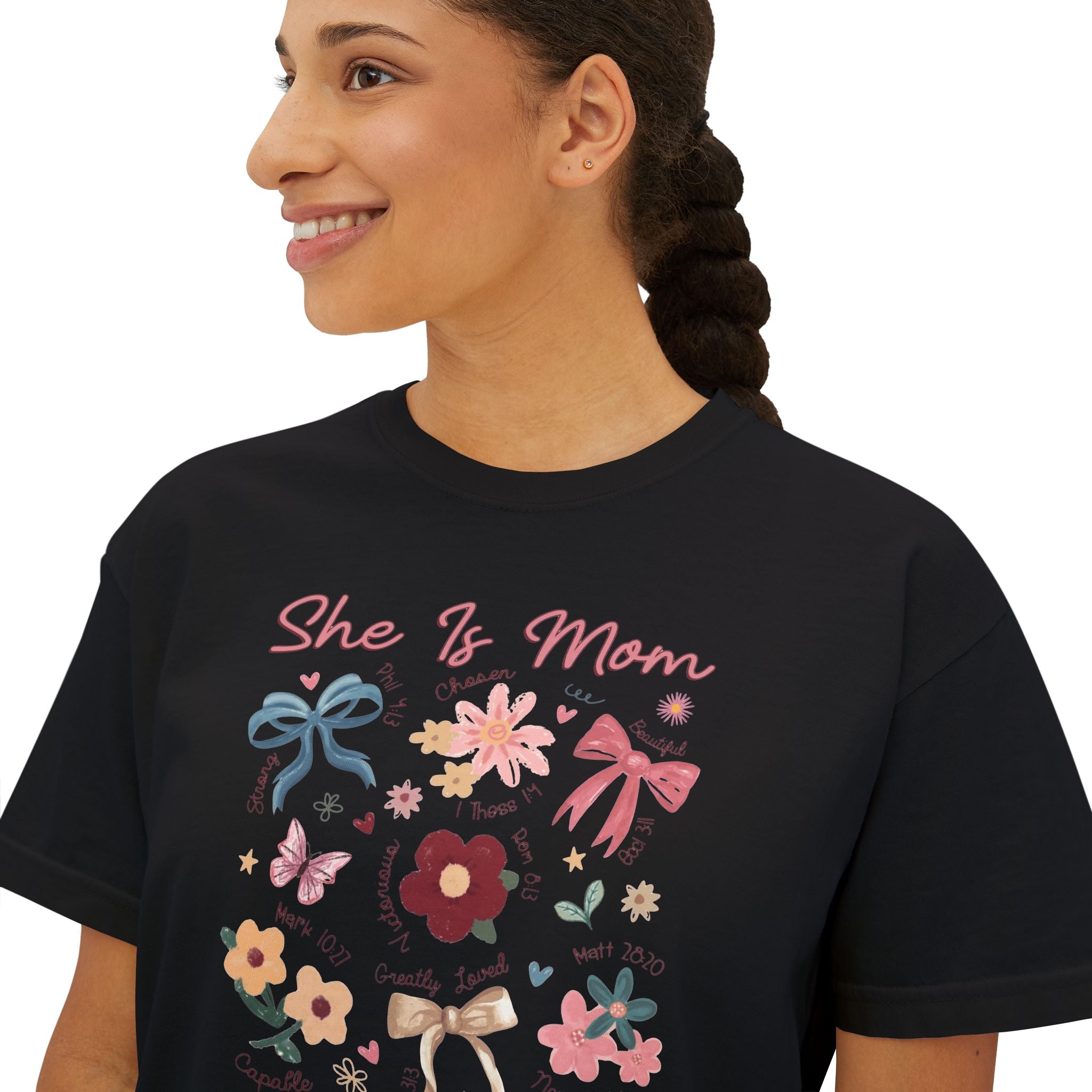 She Is Mom Floral Boxy Tee  Cute Mother’s Day Floral Graphic Shirt