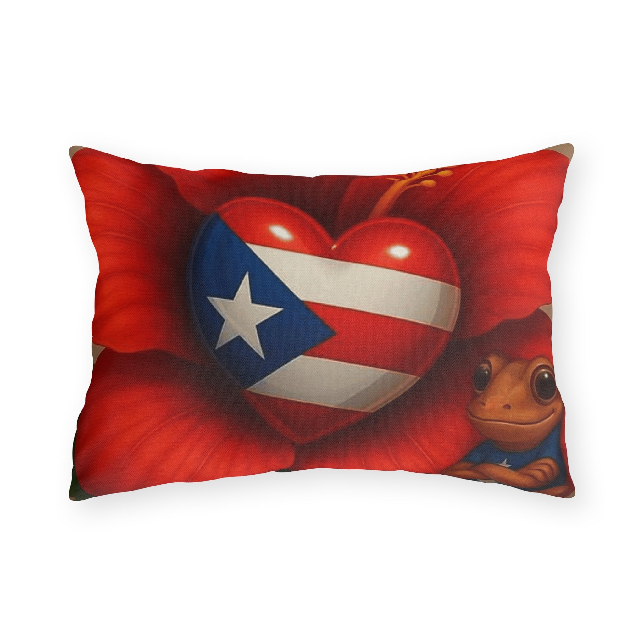 Puerto Rico Heart Flag Outdoor Pillow — Coquí & Hibiscus Patio Cushion Puerto Rico Culture Pillow