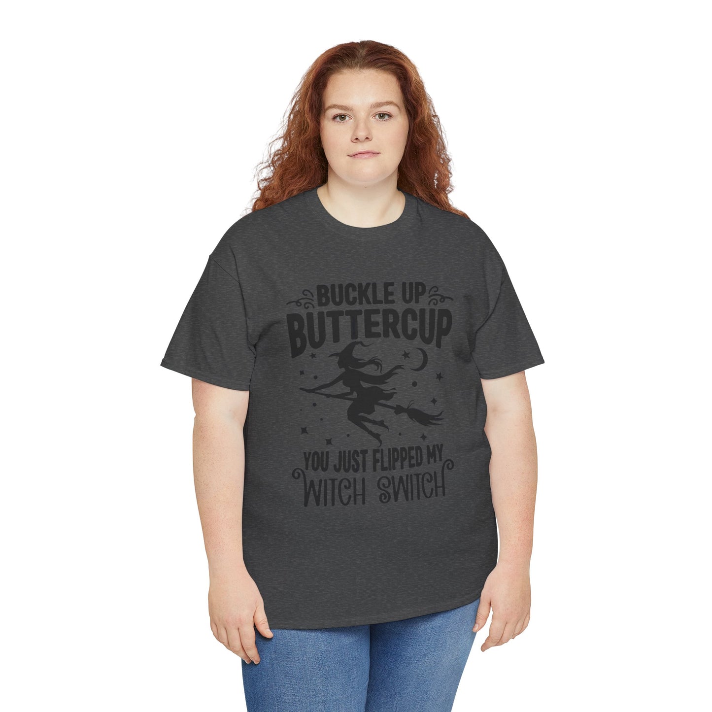 Witchy Humor Tee - Buckle Up Buttercup, Unisex Heavy Cotton Tee, Halloween Shirt, Casual Wear, Gift for Her, Funny T-Shirt